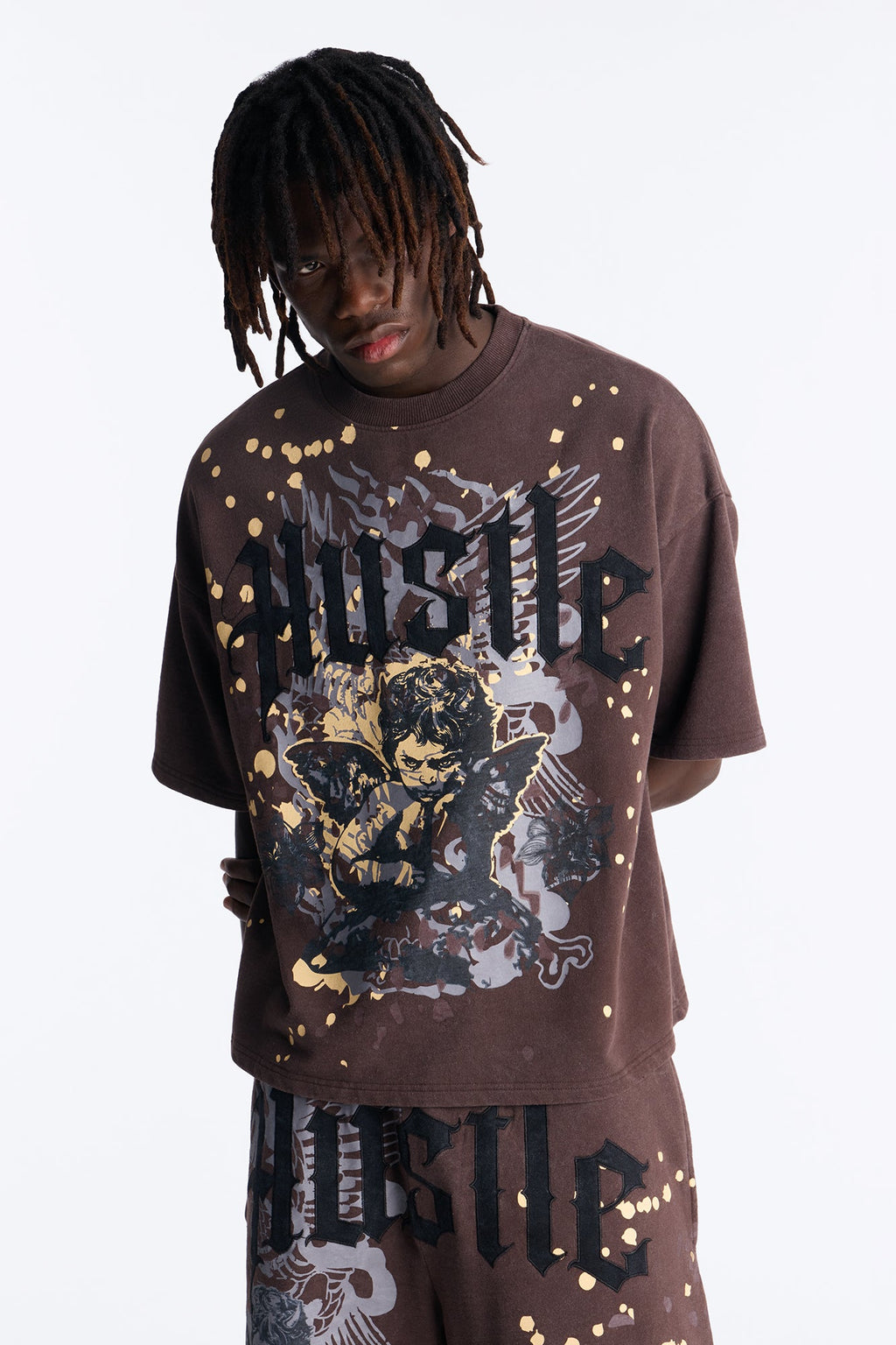 Heavenly Hustle Patch Oversized French Terry Tee - Brown image 1