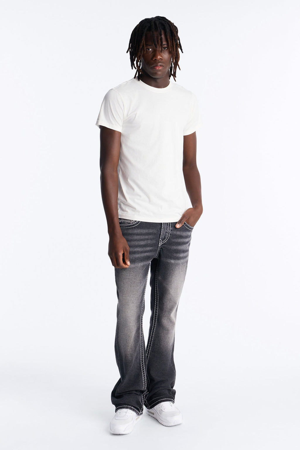 Heavy Stitch Back Flap Stacked Slim Flare Jean - Black Wash image 2