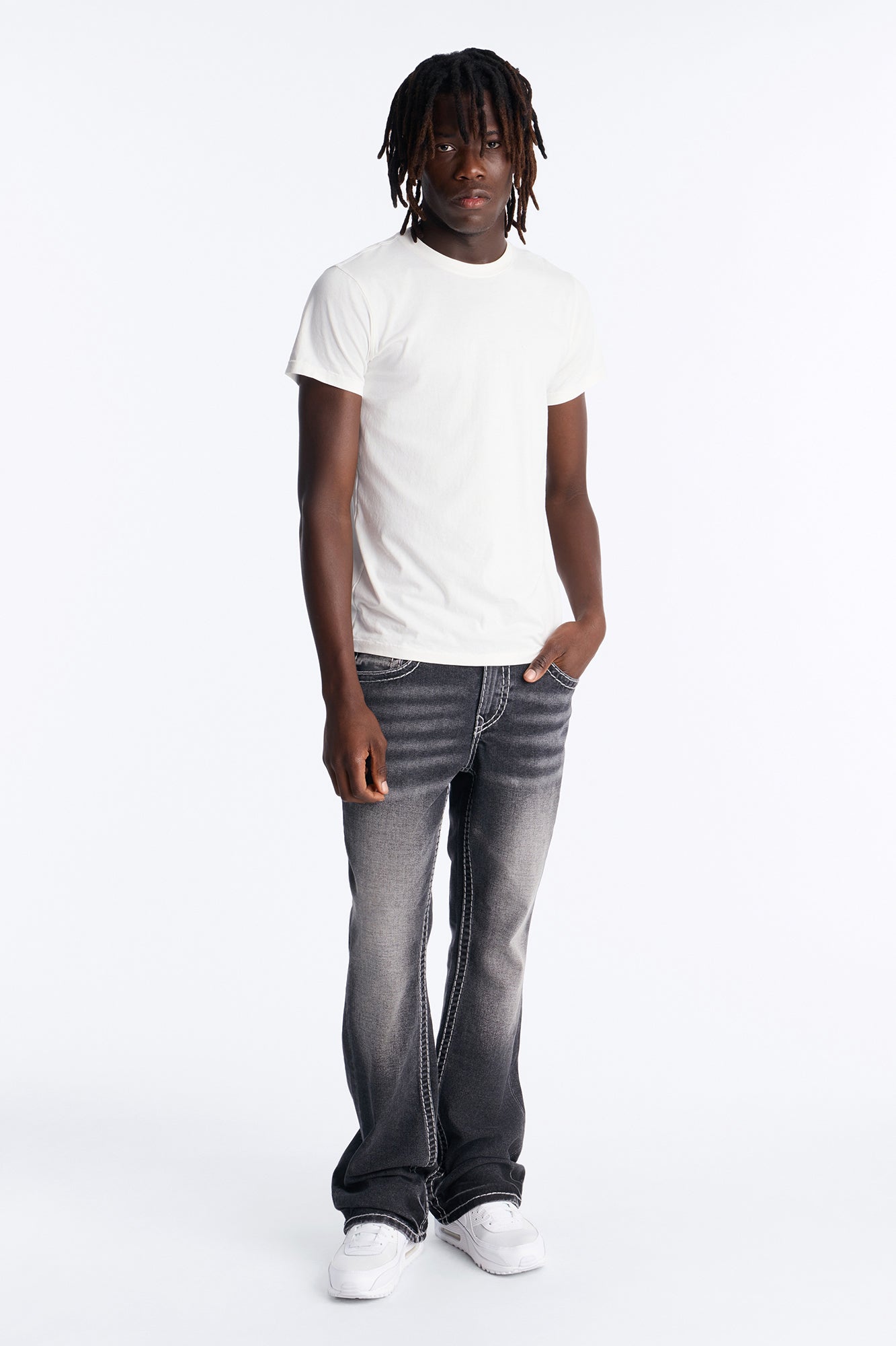 Heavy Stitch Back Flap Stacked Slim Flare Jean - Black Wash image 2