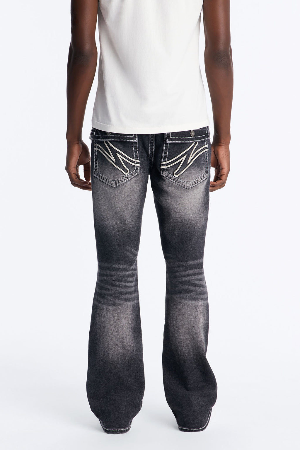 Heavy Stitch Back Flap Stacked Slim Flare Jean - Black Wash image 4