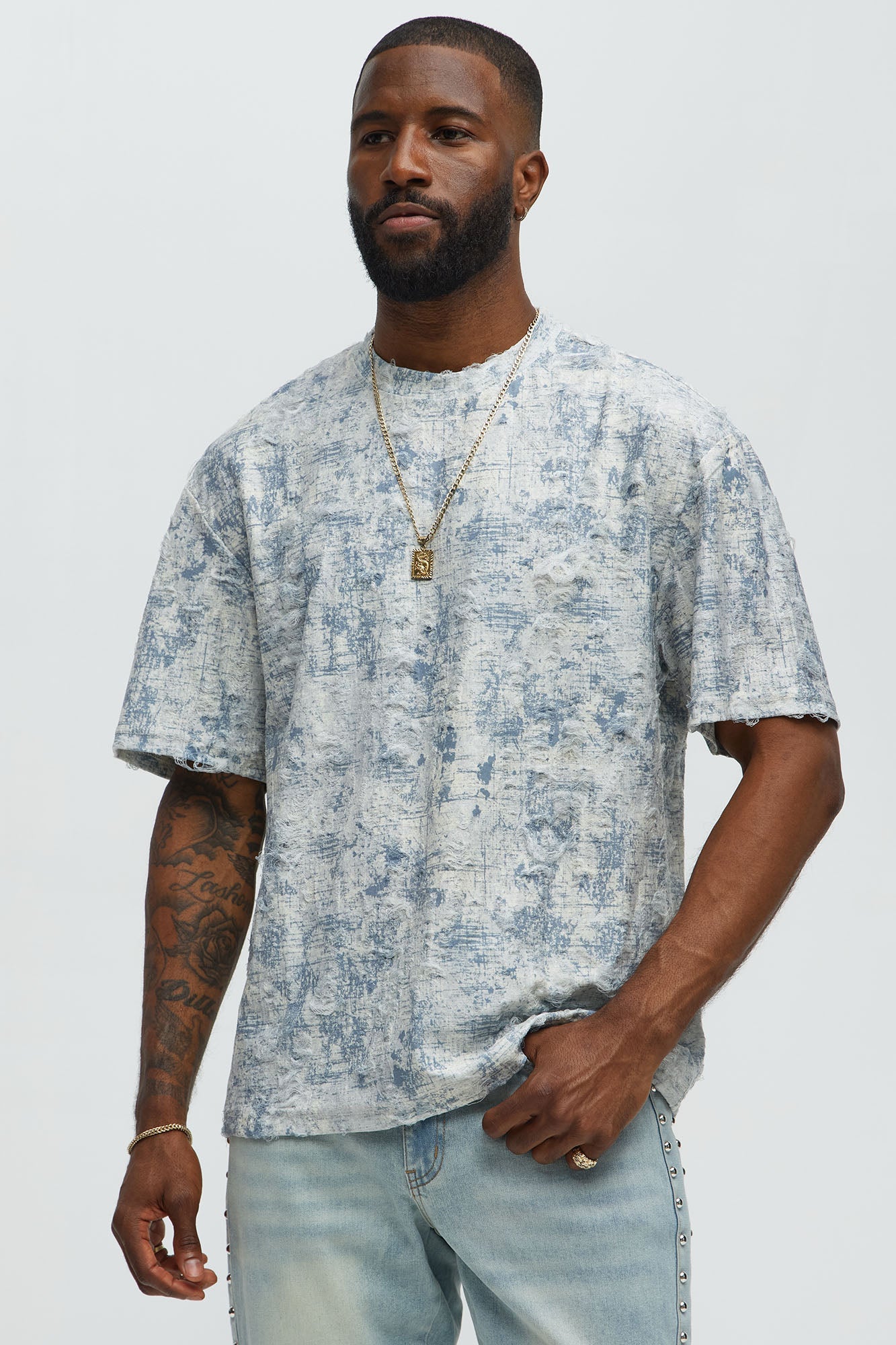 Distressed Relaxed Short Sleeve Tee Shirt - Cream image 1
