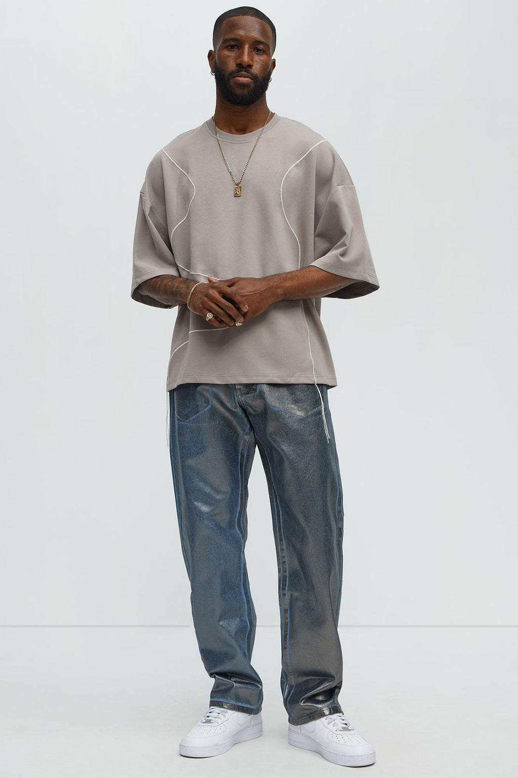 Vertical Wavy Contrast Stitch Boxy Cropped Tee - Taupe image 2