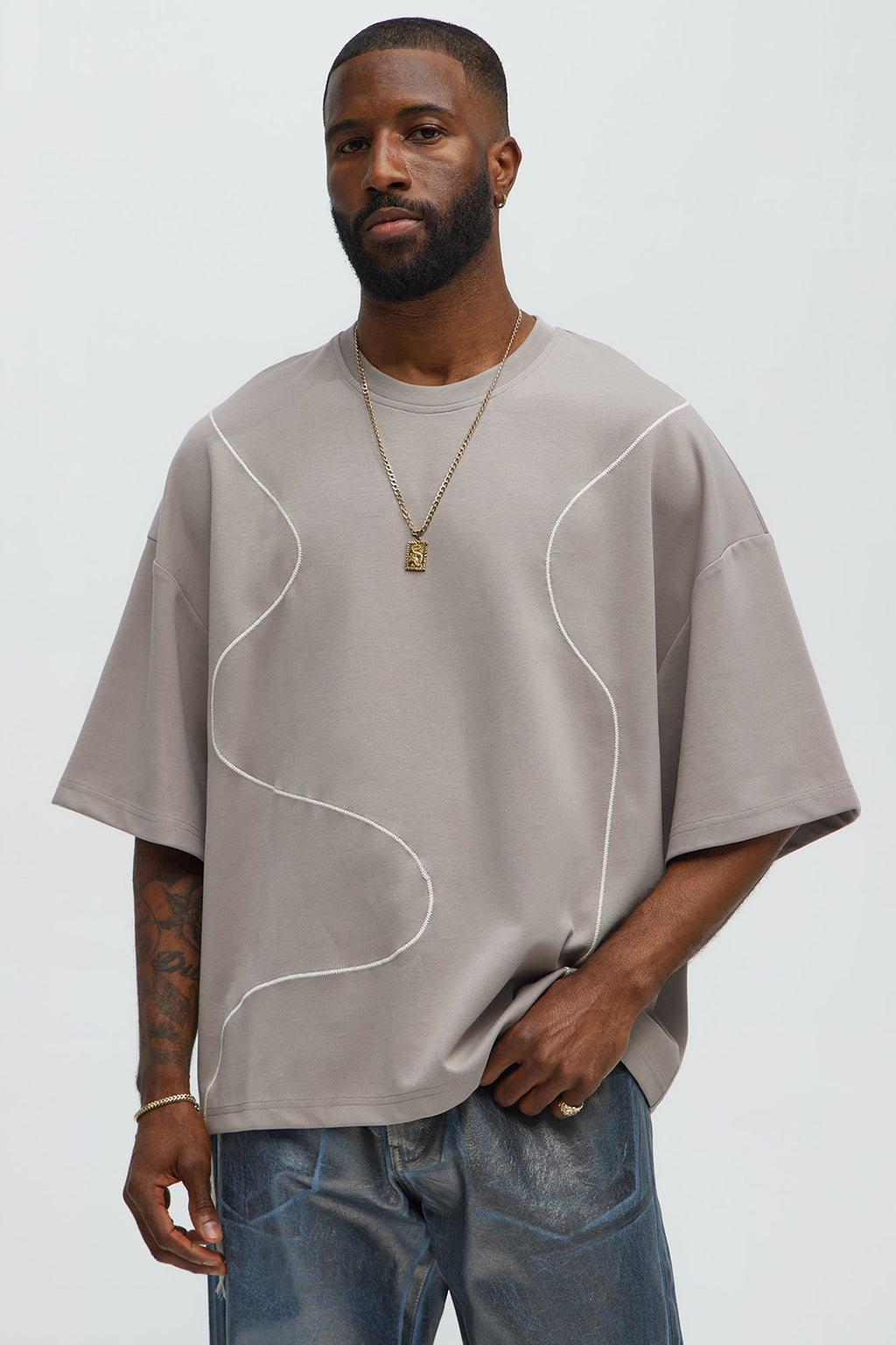 Vertical Wavy Contrast Stitch Boxy Cropped Tee - Taupe image 1