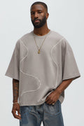Vertical Wavy Contrast Stitch Boxy Cropped Tee - Taupe image 1