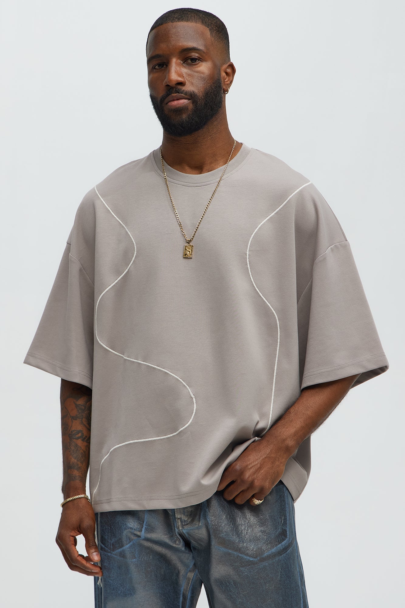 Vertical Wavy Contrast Stitch Boxy Cropped Tee - Taupe image 1