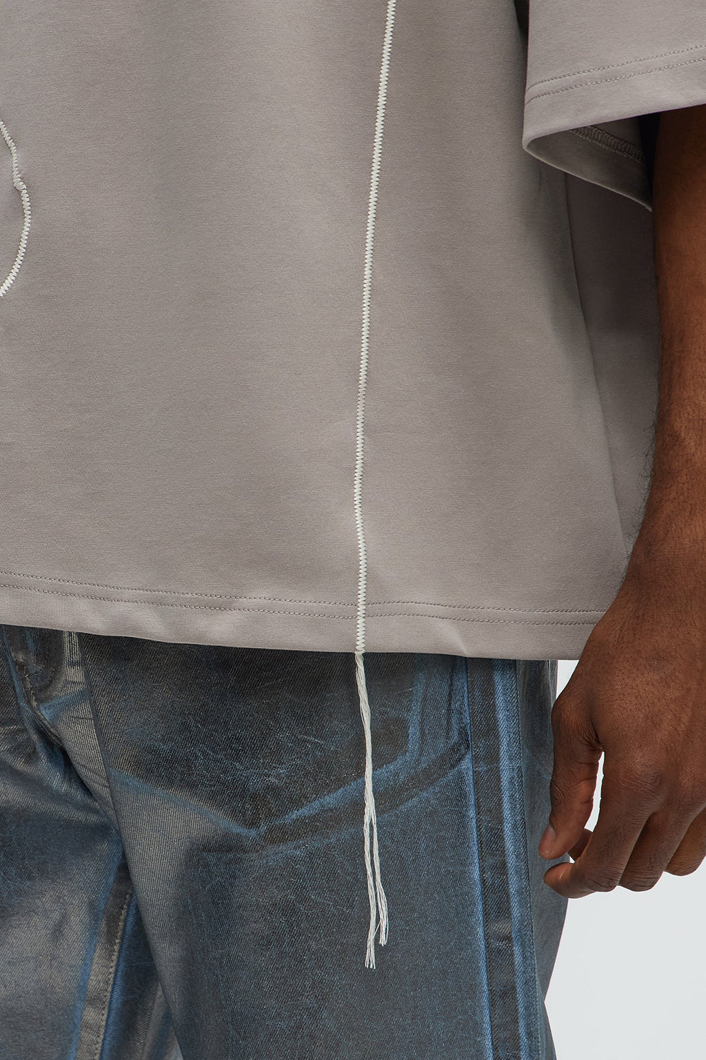 Vertical Wavy Contrast Stitch Boxy Cropped Tee - Taupe image 3