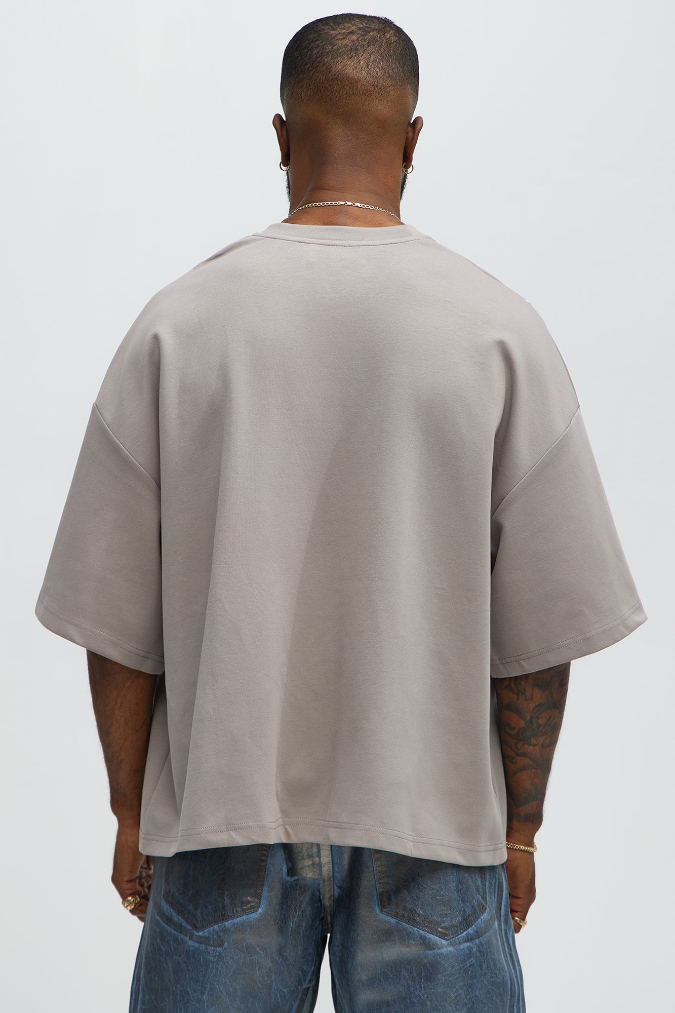 Vertical Wavy Contrast Stitch Boxy Cropped Tee - Taupe image 4