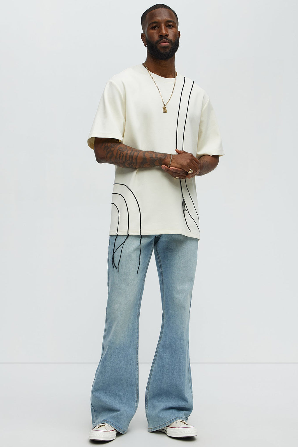Circular Contrast Stitch Oversized Tee - Cream image 2