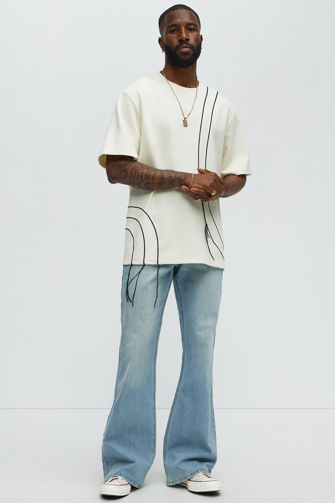 Circular Contrast Stitch Oversized Tee - Cream image 2