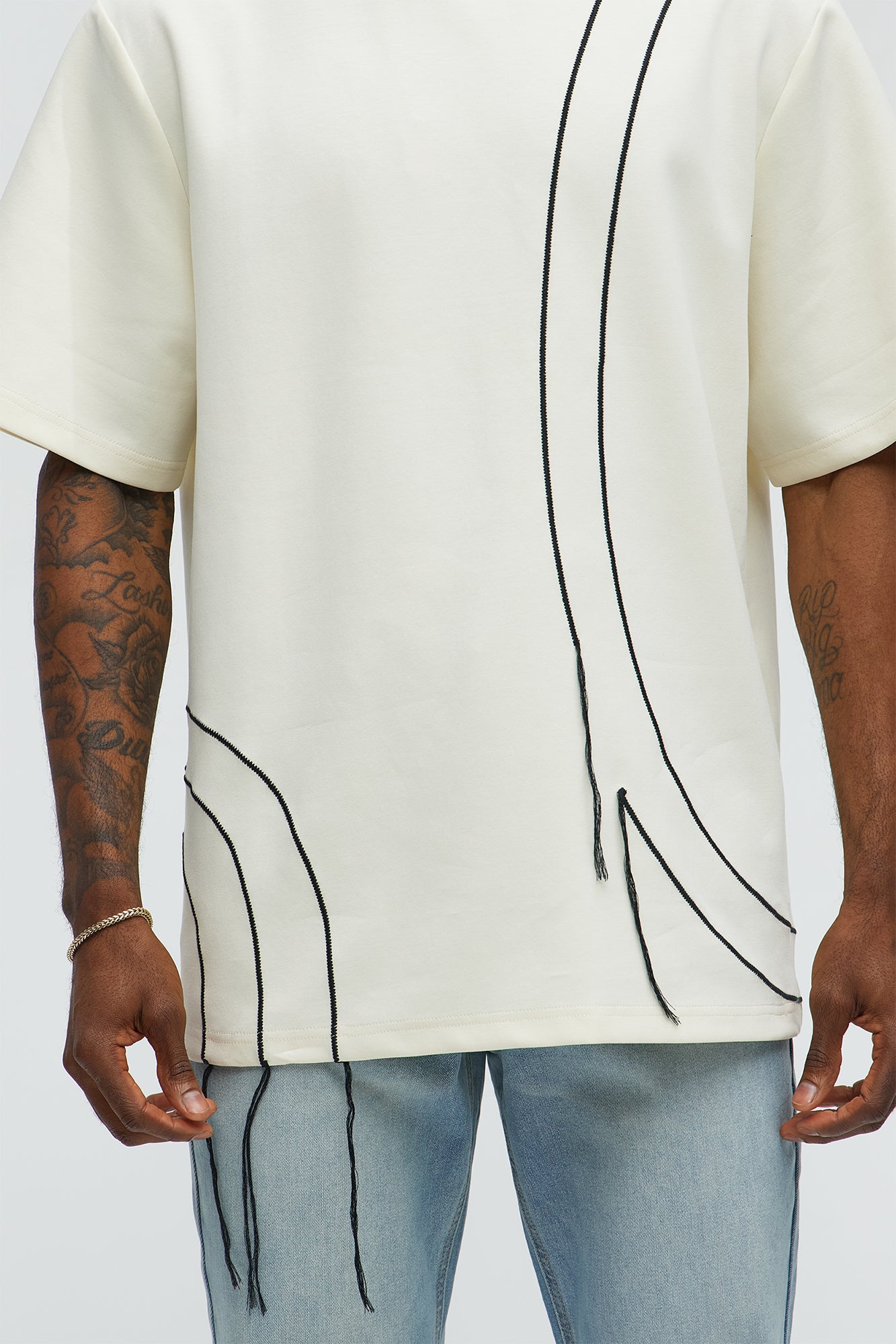 Circular Contrast Stitch Oversized Tee - Cream image 3