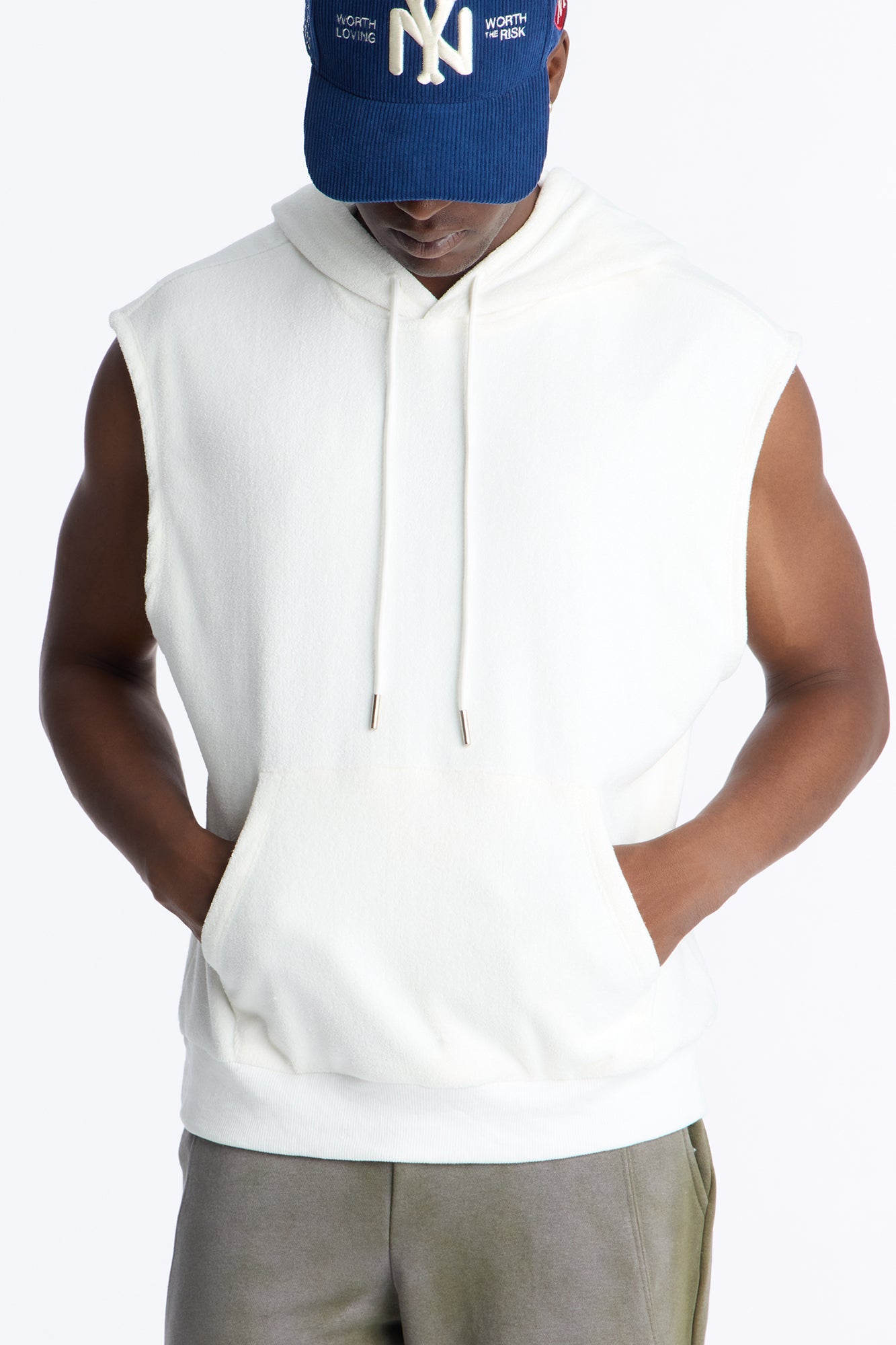Classic Terry Cloth Sleeveless Hoodie - White image 3
