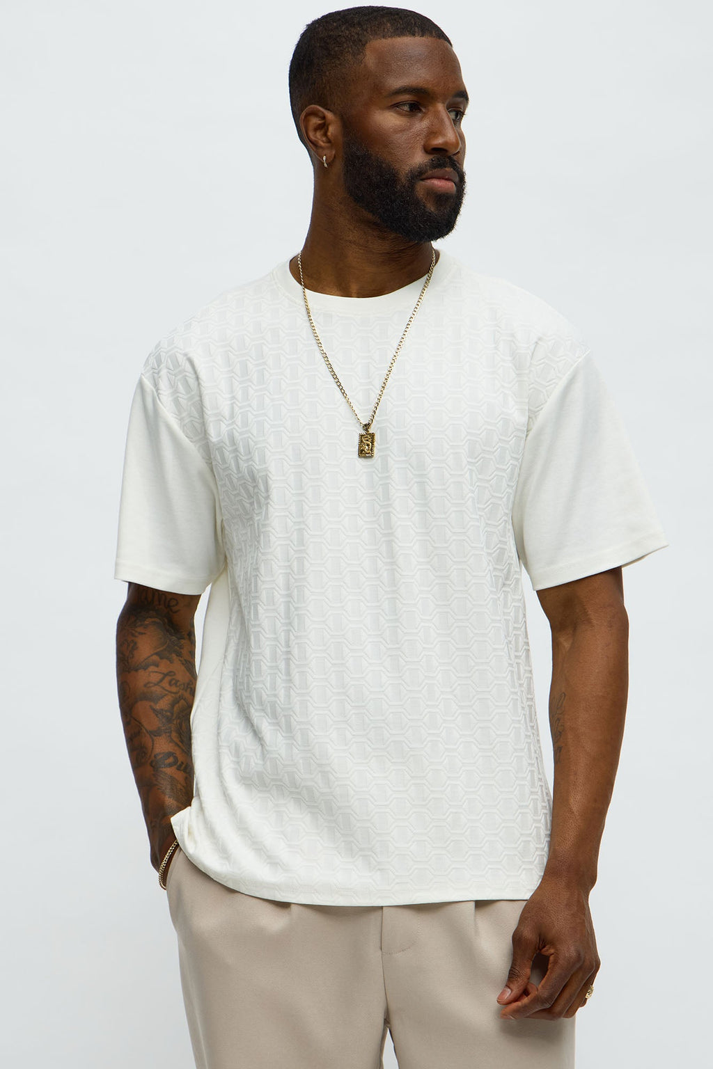 Textured Geometric Short Sleeve Tee - Off White image 1