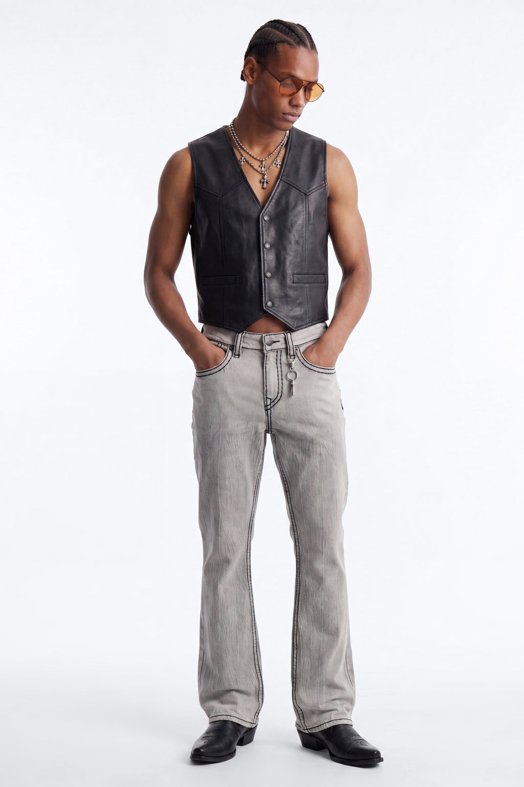 Heavy Stitch Sun Faded Stacked Skinny Flare Jeans - Grey image 1