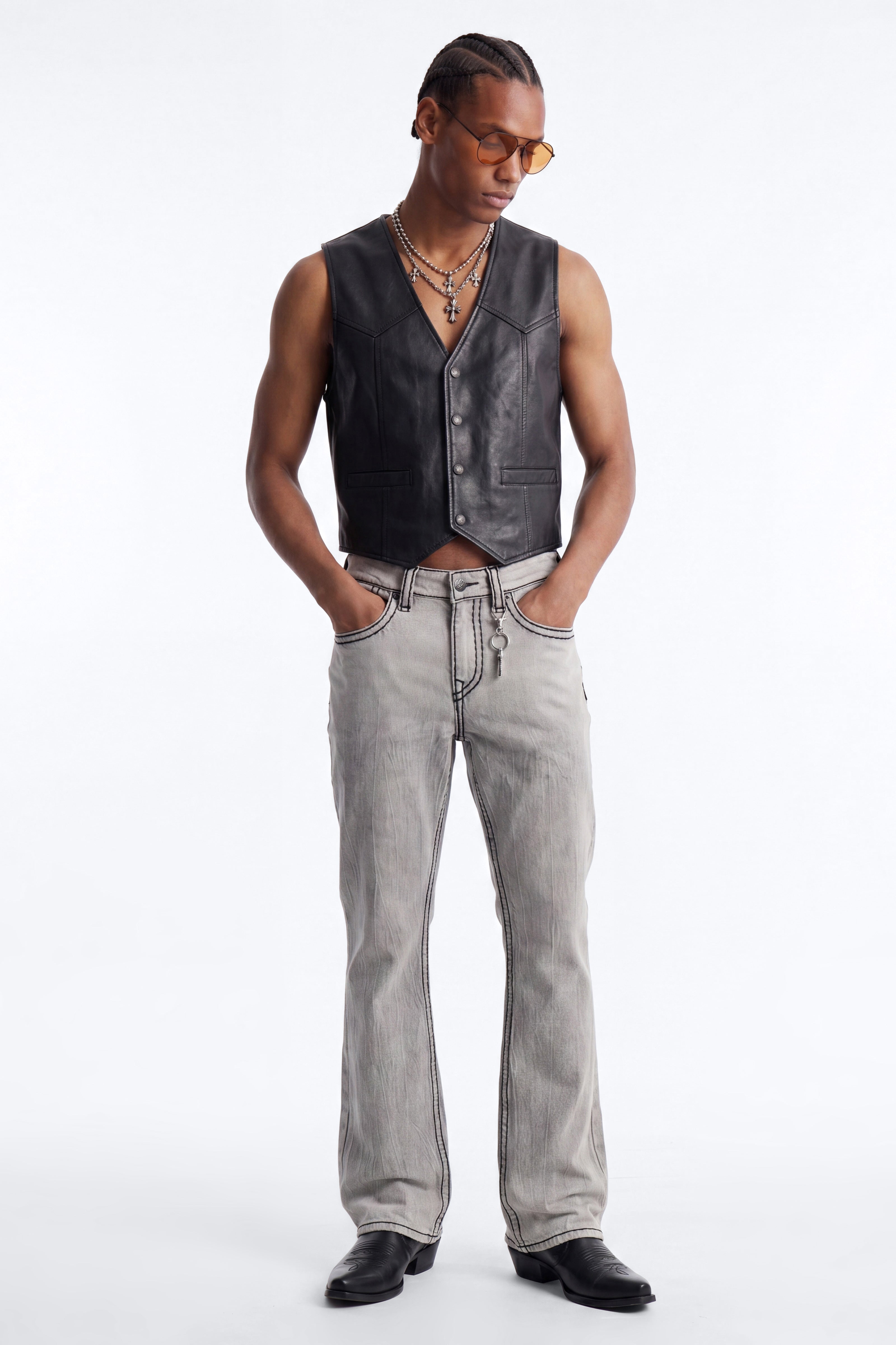 Heavy Stitch Sun Faded Stacked Skinny Flare Jeans - Grey image 1