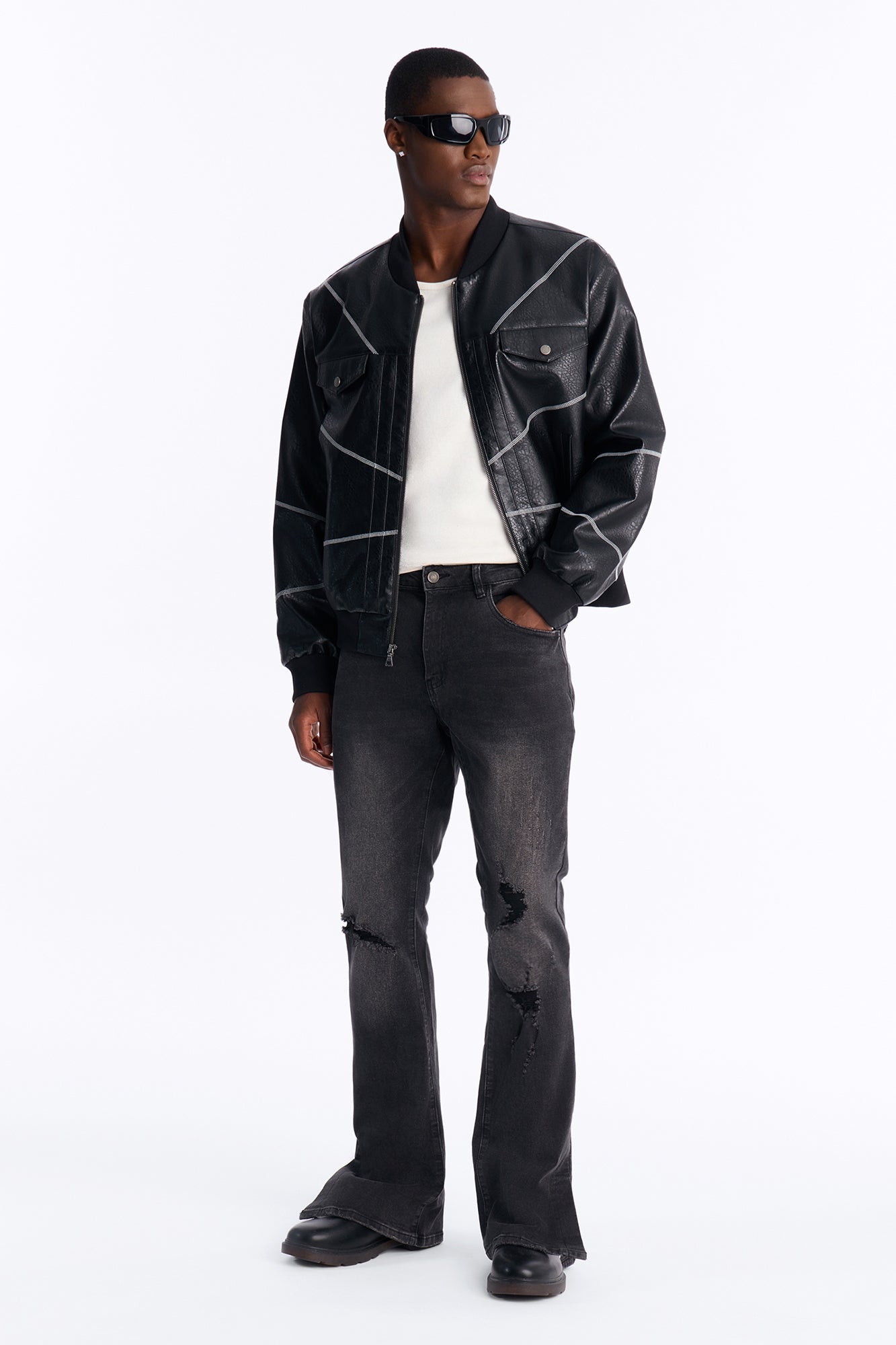 Stacked Skinny Flare Slit Dare Me Distressed Jean - Black Wash image 2