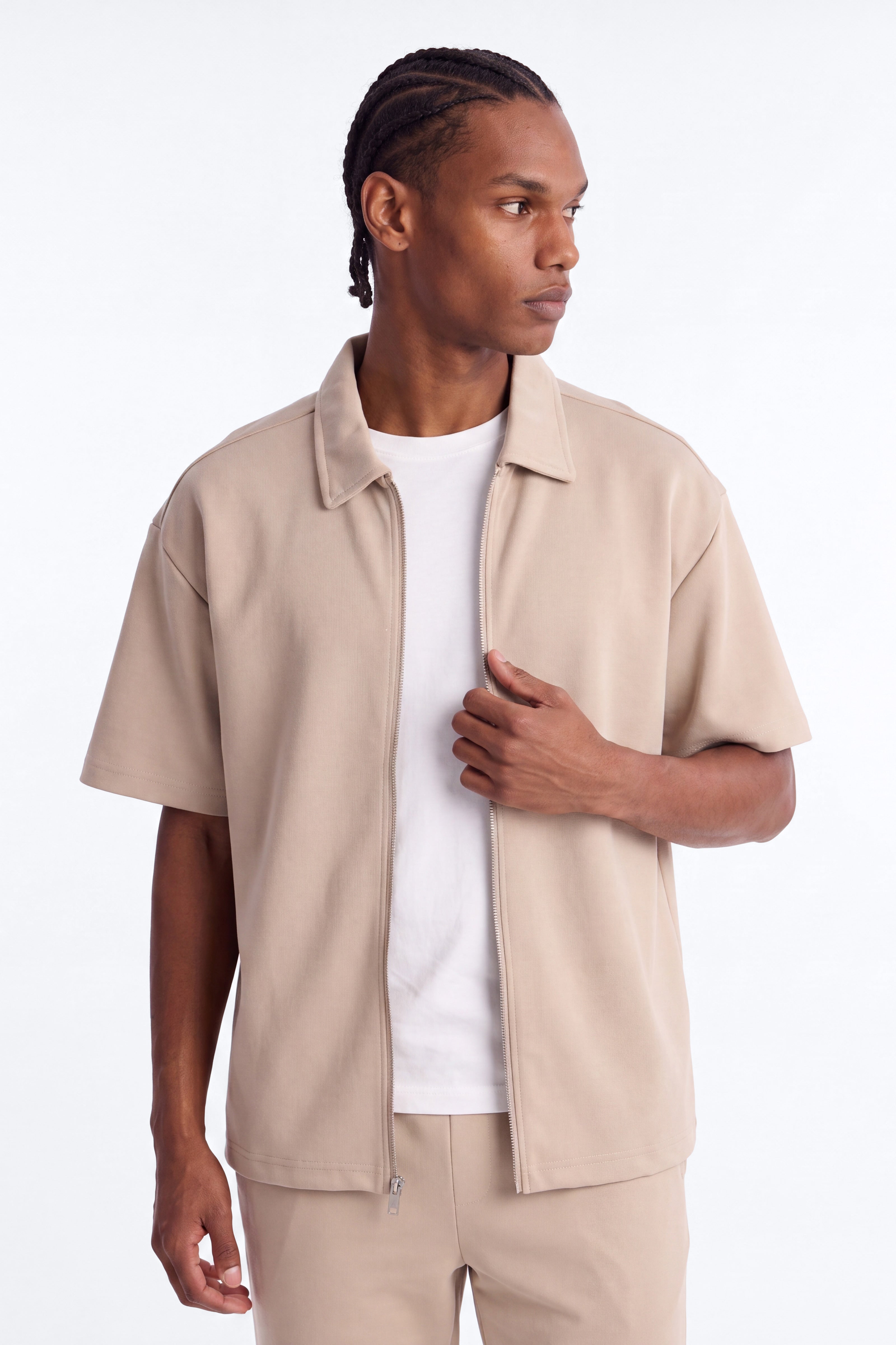 Structured Fleece Oversized Full Zip Polo - Tan image 1