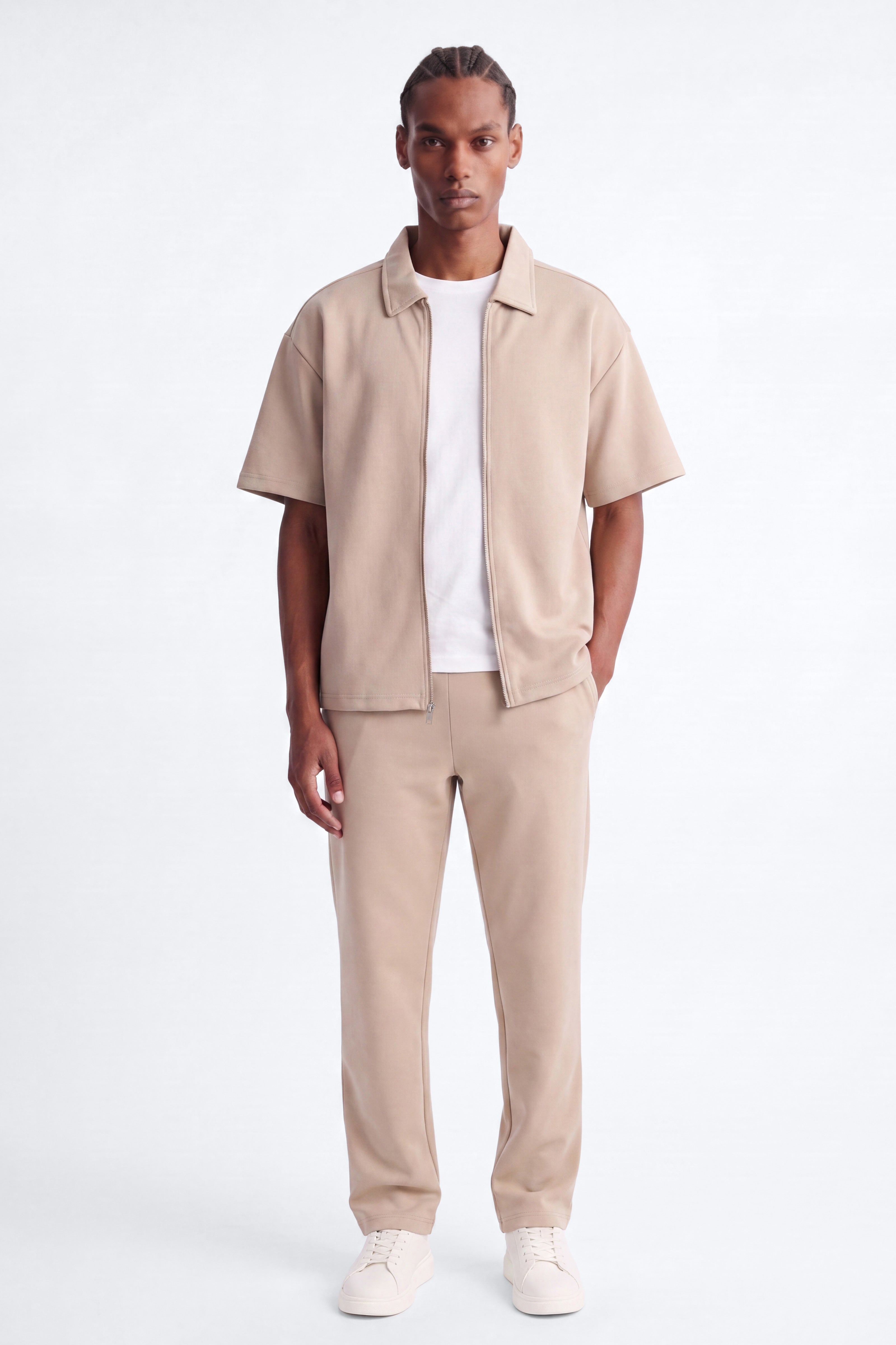 Structured Fleece Oversized Full Zip Polo - Tan image 2