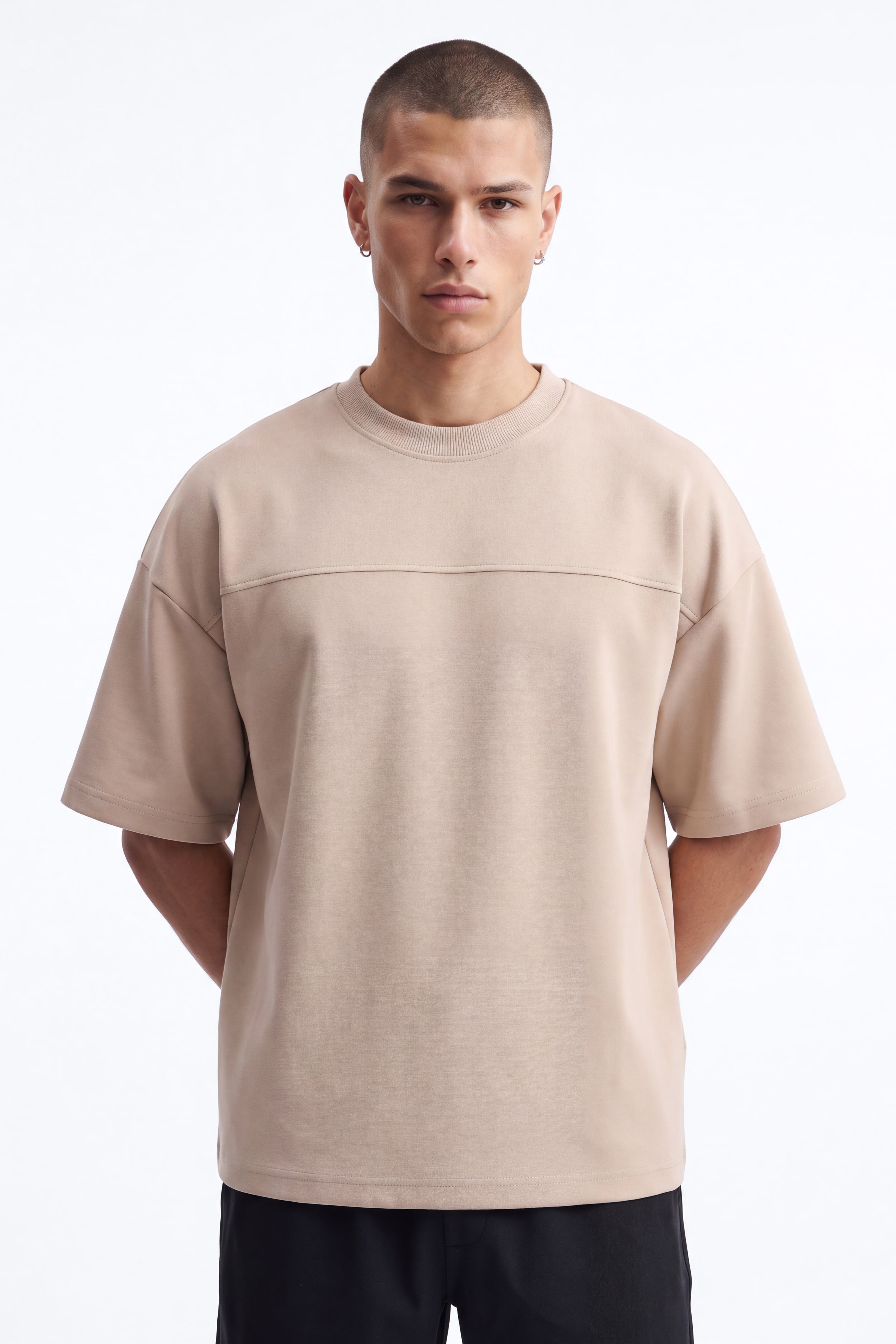 Structured Fleece Paneled Tee - Tan image 1