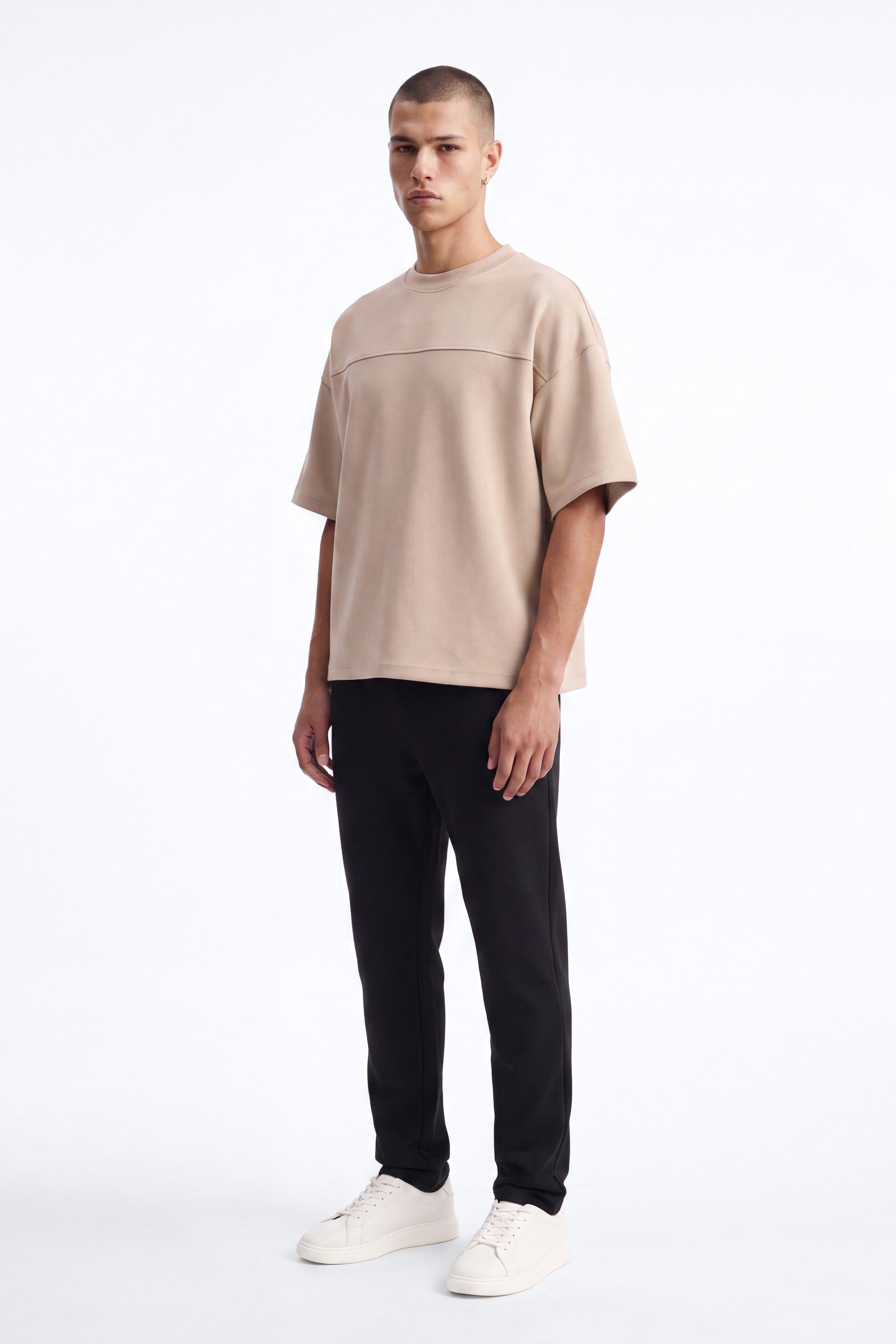 Structured Fleece Paneled Tee - Tan image 2