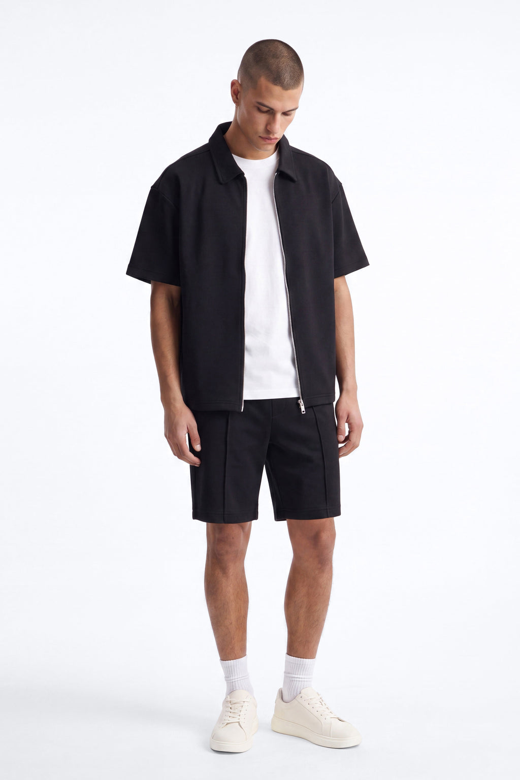 Structured Fleece Oversized Full Zip Polo - Black image 2