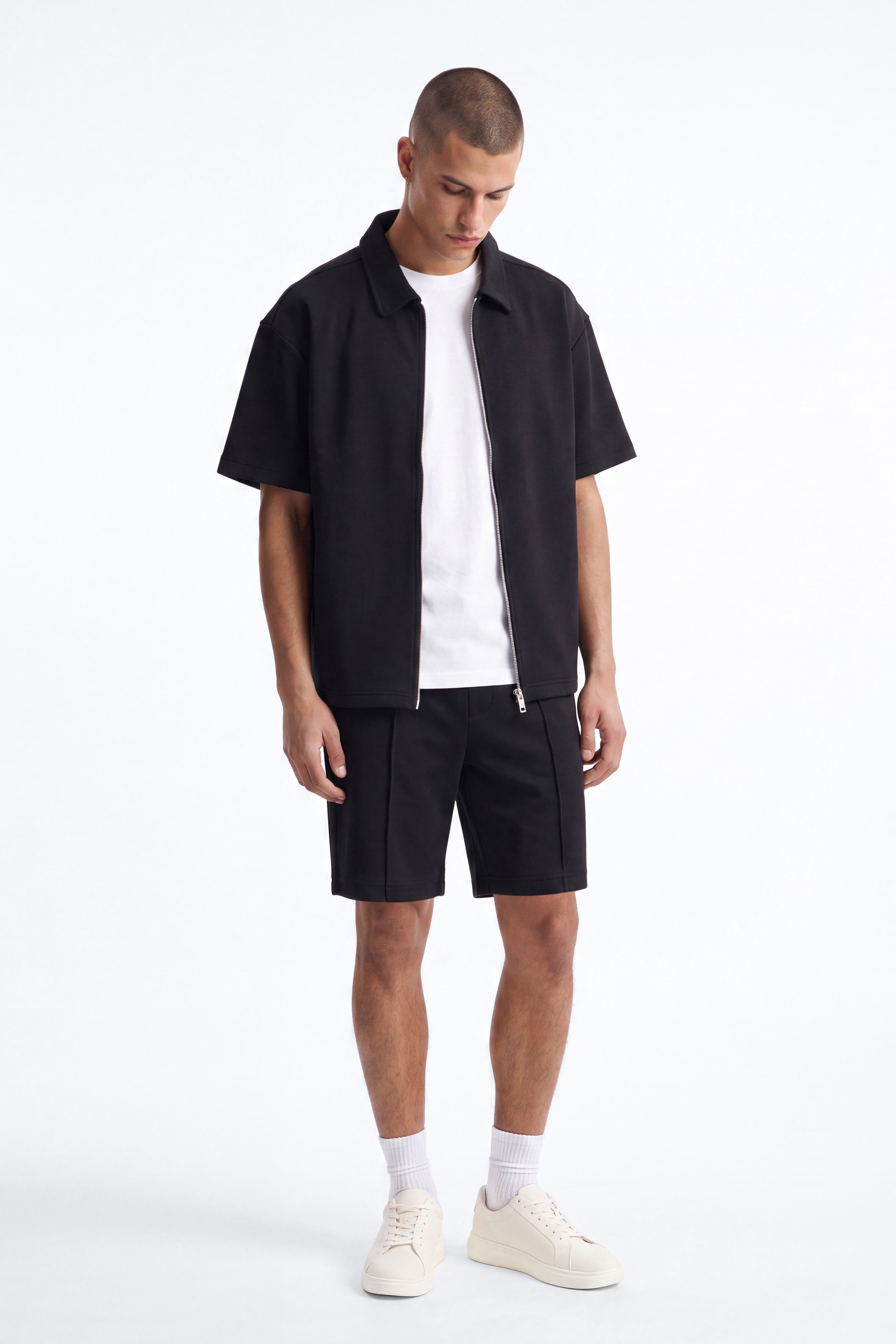 Structured Fleece Oversized Full Zip Polo - Black image 2