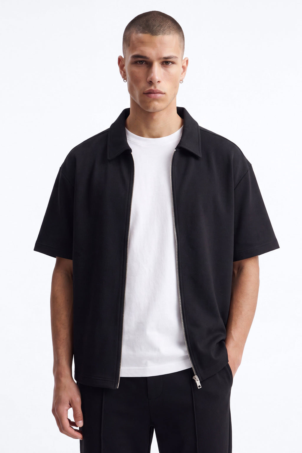 Structured Fleece Oversized Full Zip Polo - Black image 1