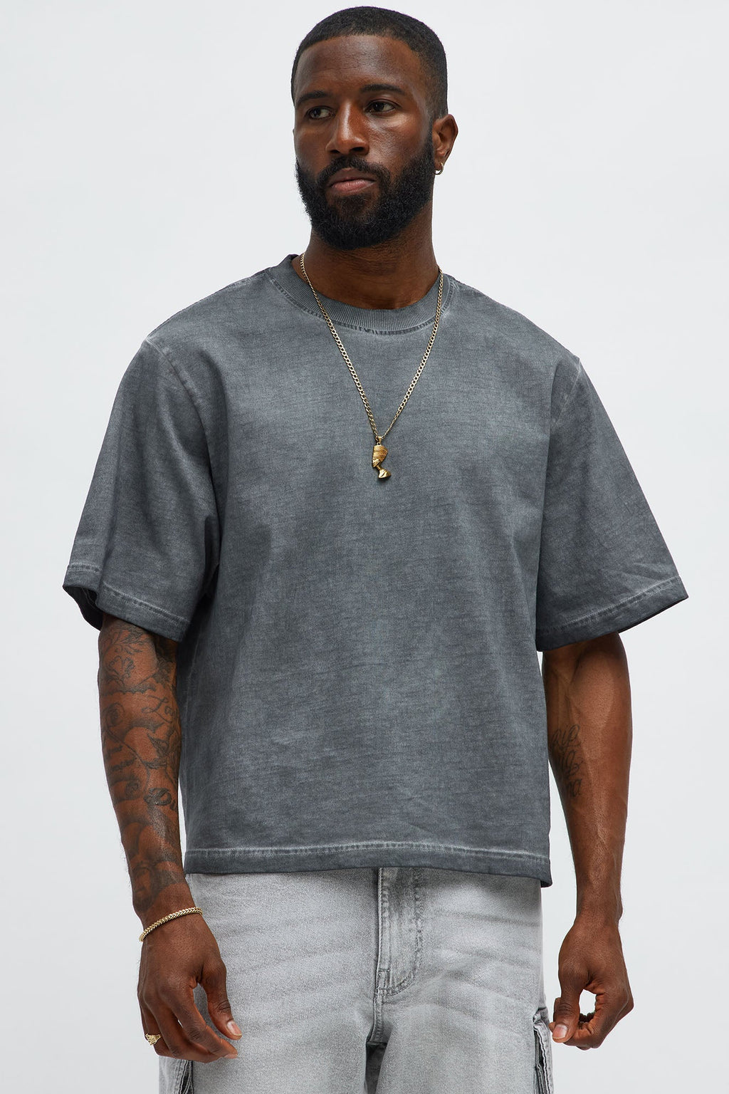 Tinted Wash Boxy Cropped Heavyweight Short Sleeve Tee - Grey image 1