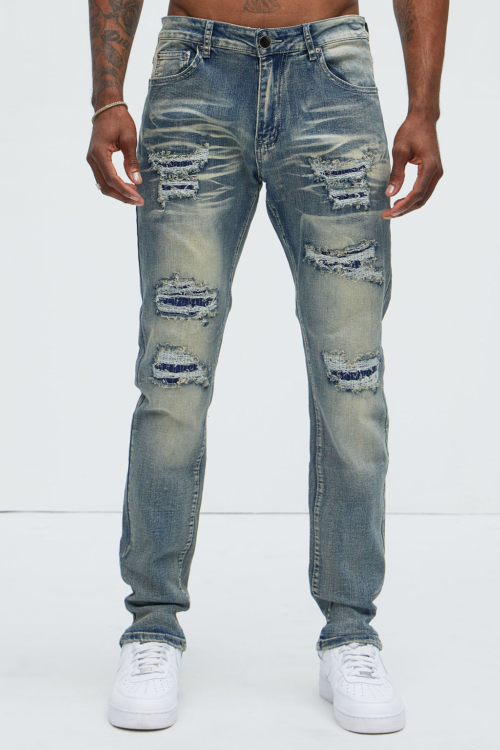 Come My Way Ripped Stacked Skinny Jeans - Dark Wash image 4
