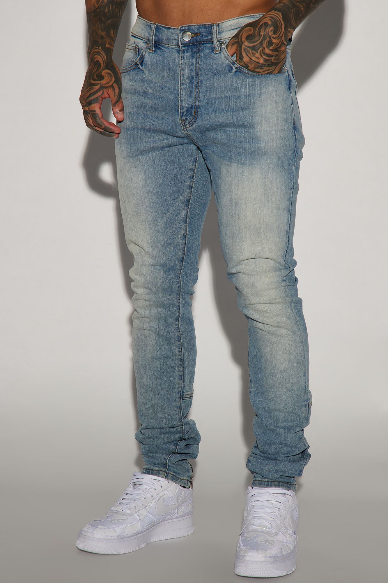 Drop Top Back Zip Stacked Skinny Jeans - Vintage Wash image 1
