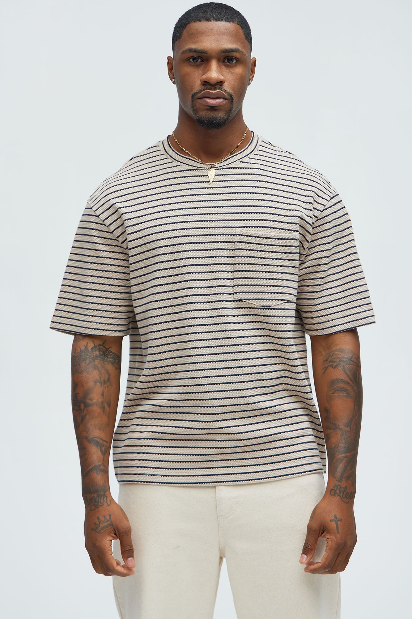 Honeycomb Striped Relaxed Short Sleeve - Cream/combo image 1