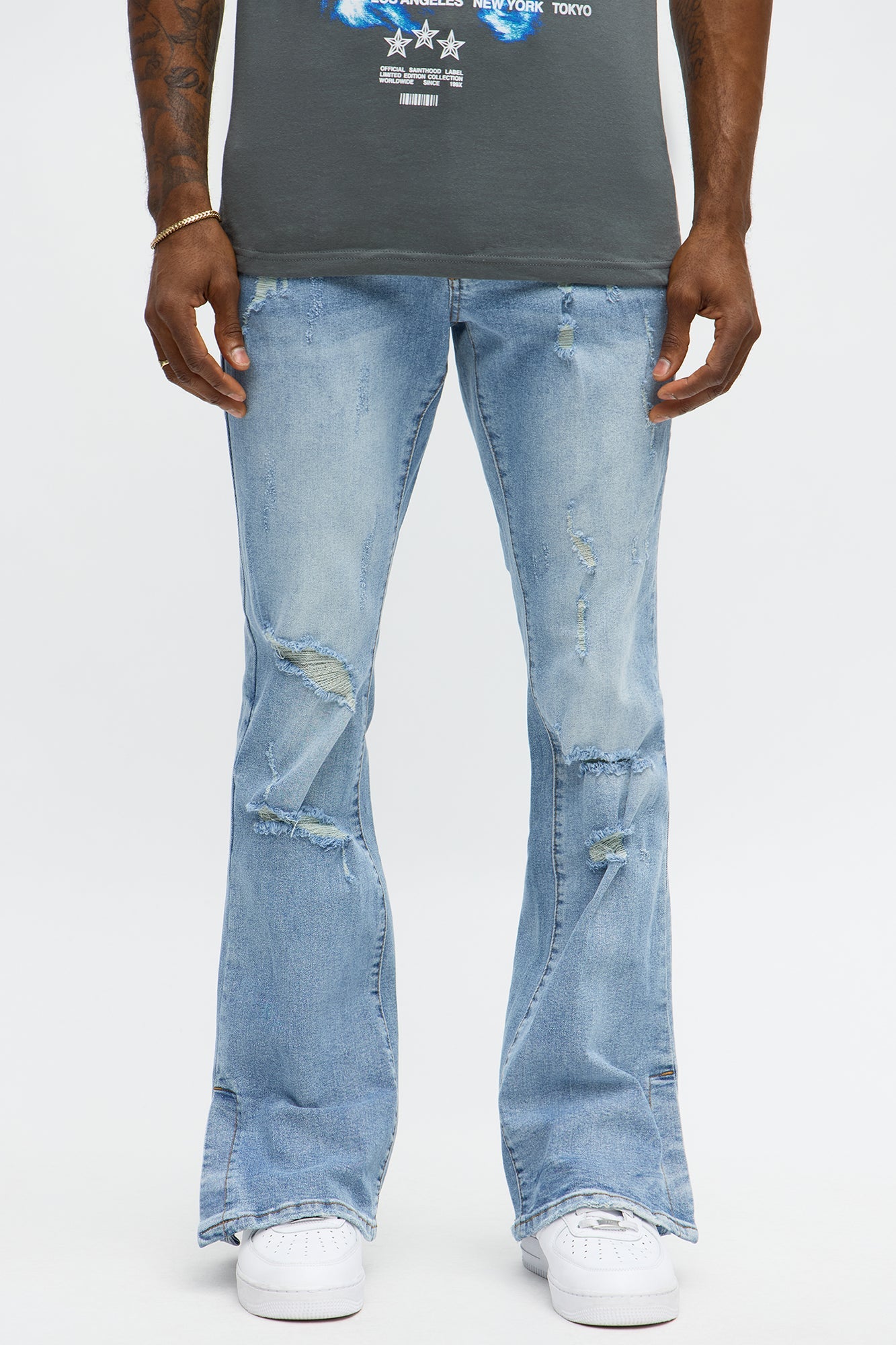 Stacked Skinny Flare Slit Rebel Against Distressed Jean - Light Wash image 1