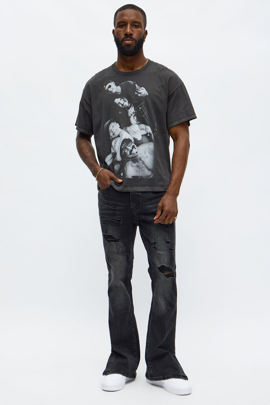 Stacked Skinny Flare Slit Let's Go Distressed Jean - Black Wash image 2