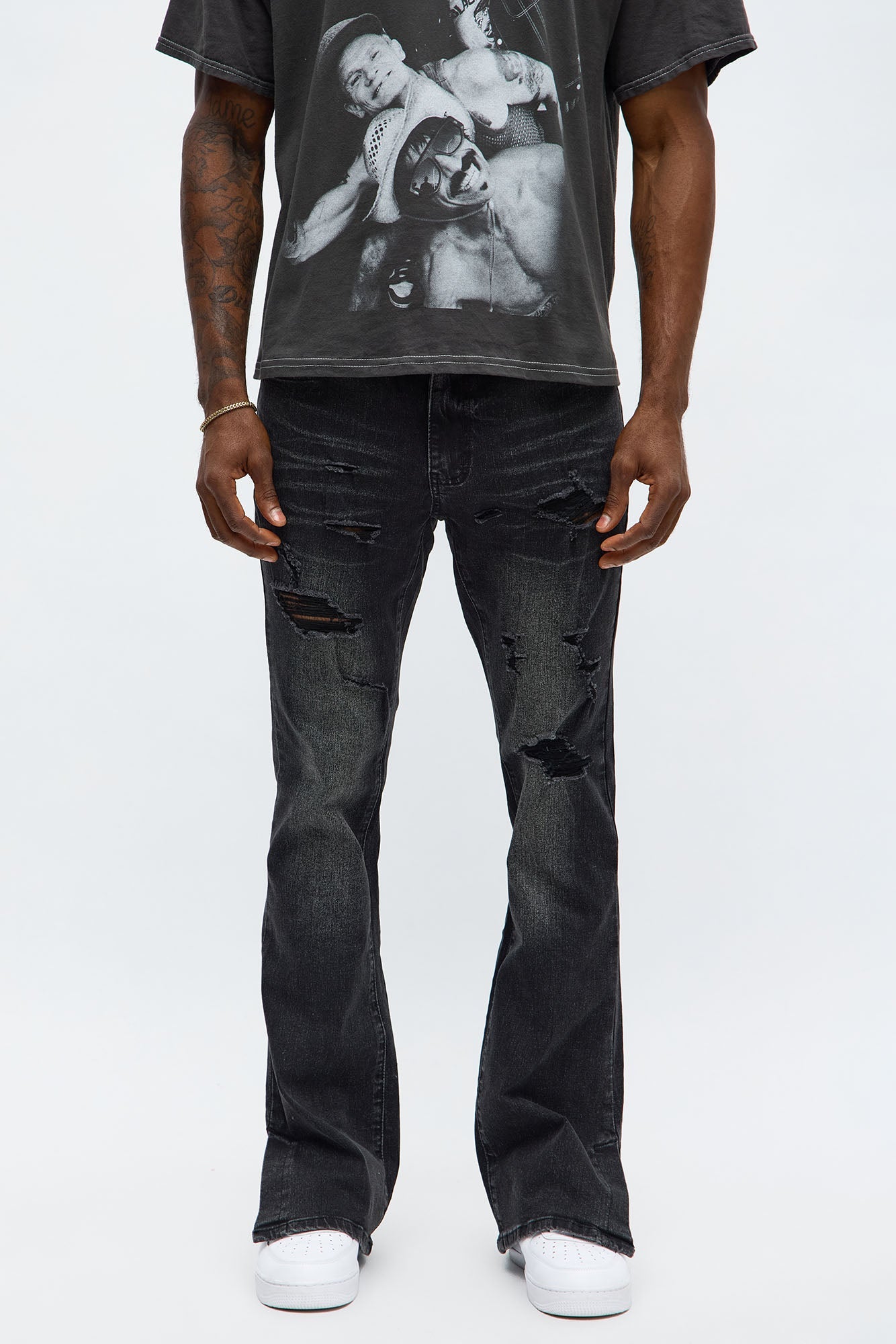 Stacked Skinny Flare Slit Let's Go Distressed Jean - Black Wash image 1