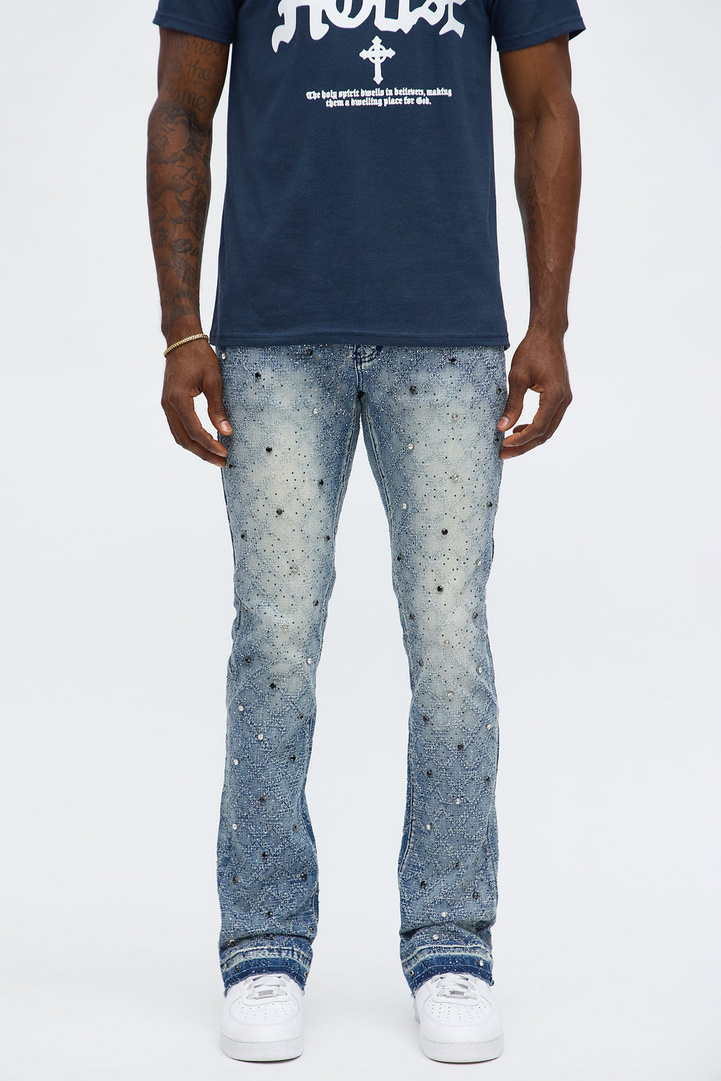 Stacked Slim Flare We WIldin In Bling Jean - Light Wash image 1