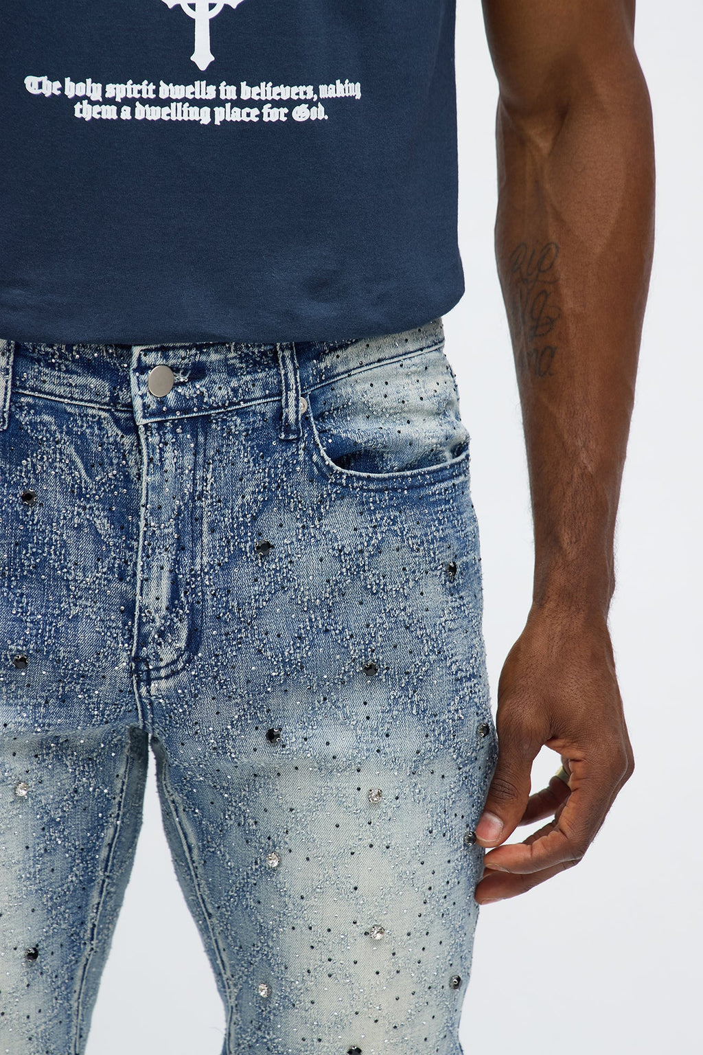 Stacked Slim Flare We WIldin In Bling Jean - Light Wash image 3