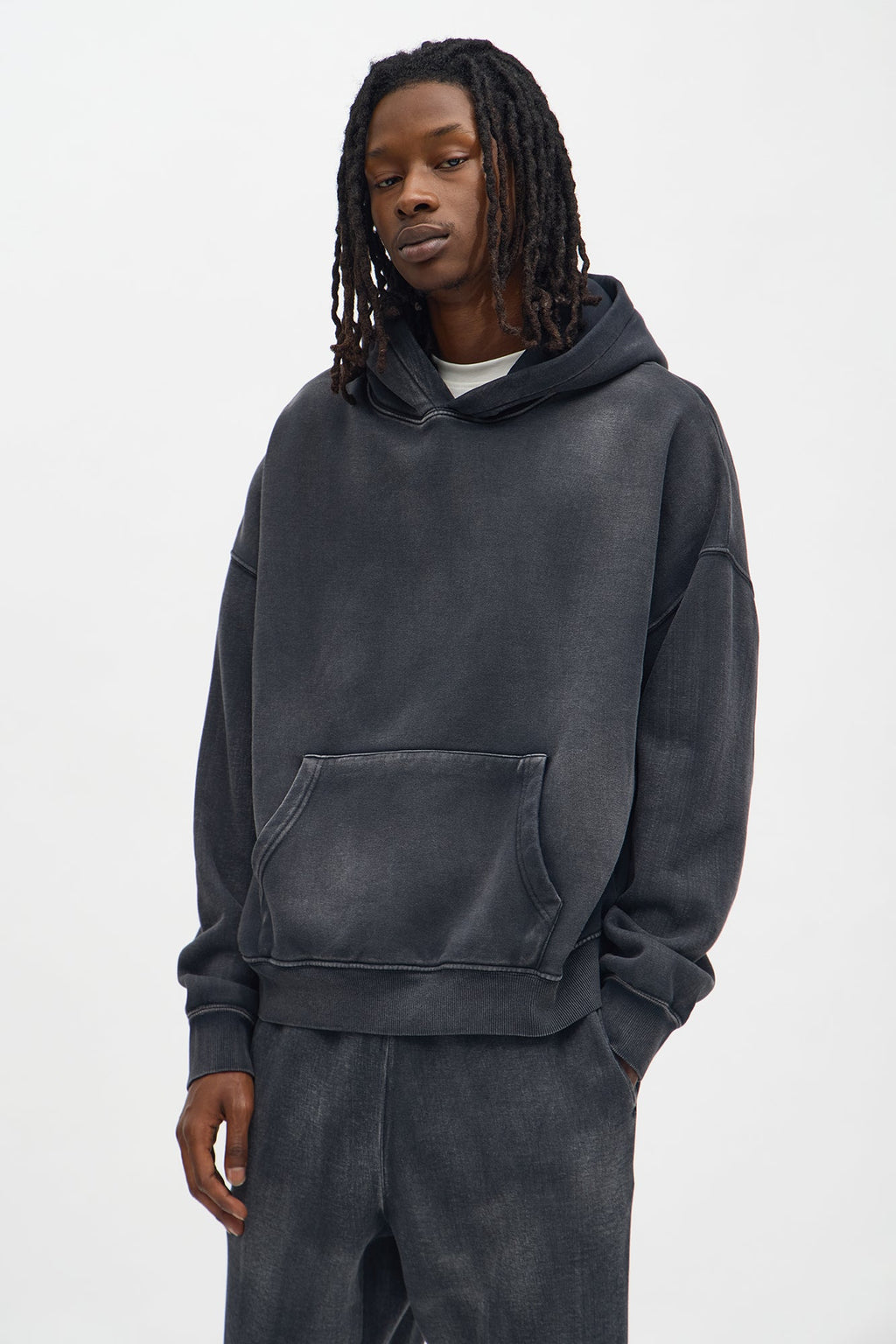 Acid Wash Oversized Heavyweight Hoodie - Black image 1