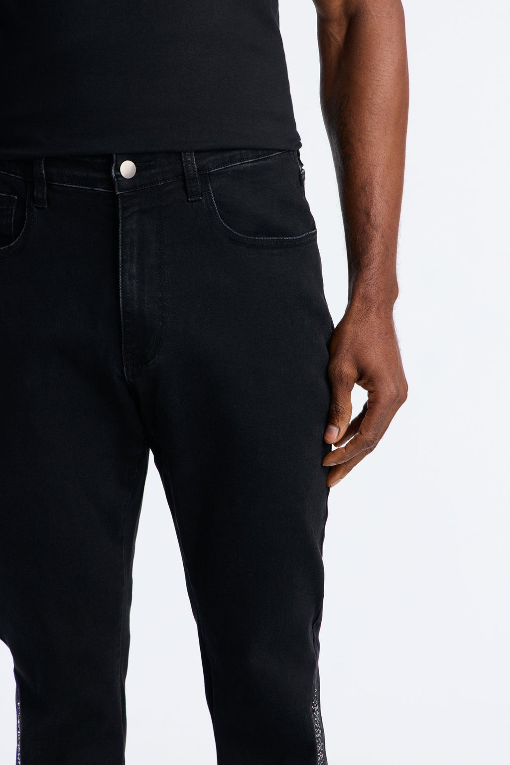 Stacked Slim Flare Tuxedo Jeweled Stripe Slit Jean - Black image 3
