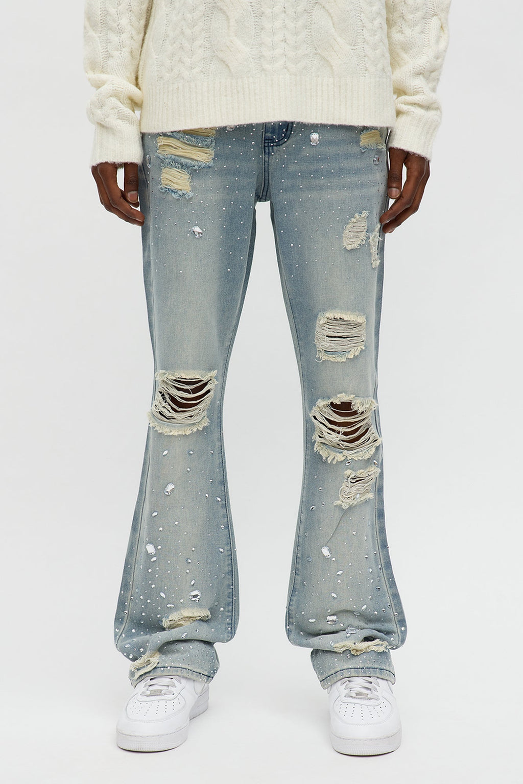 Stacked Skinny Flare Walk Me Through Jeweled Distressed Jean - Medium Blue Wash image 1