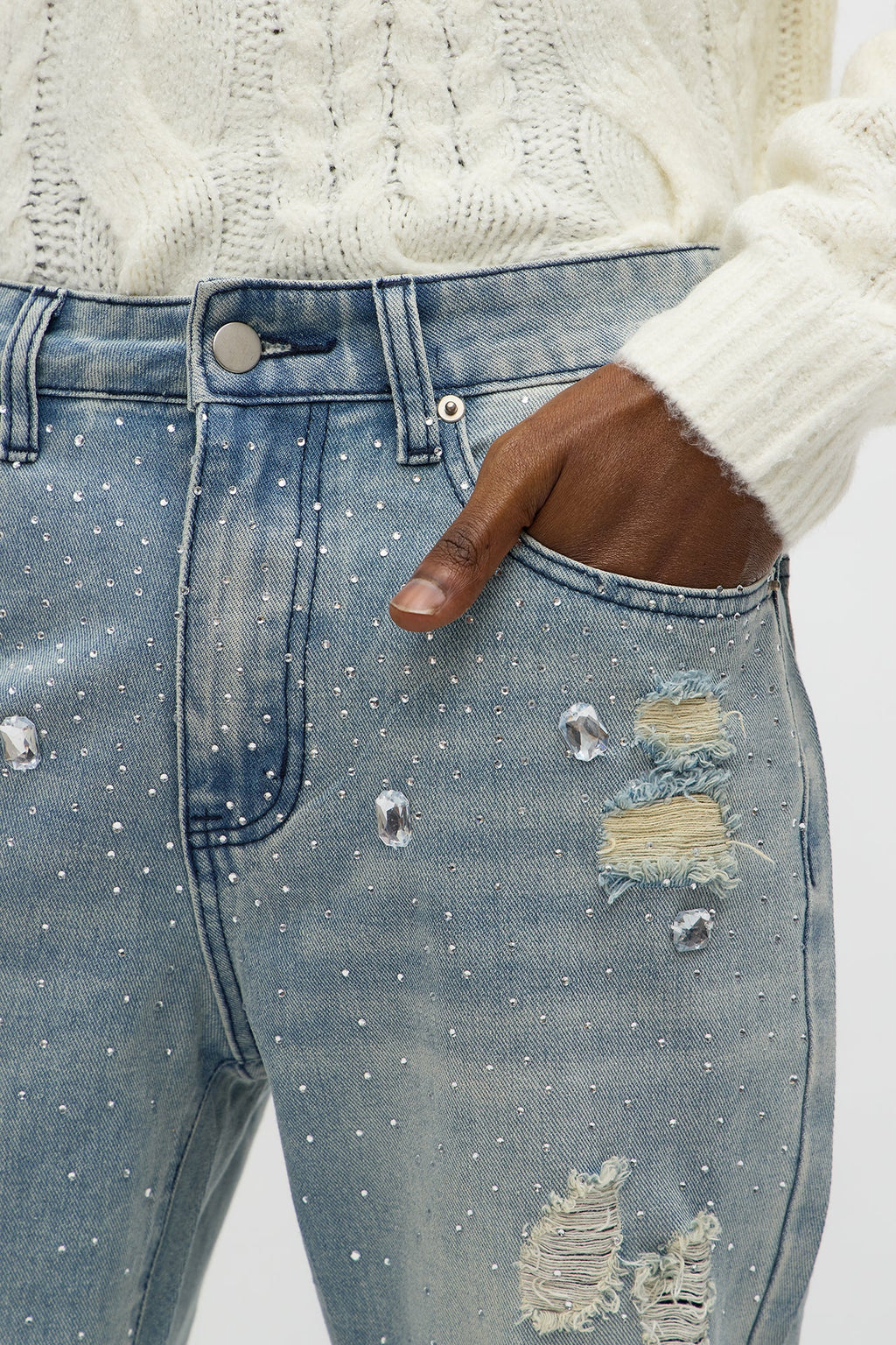 Stacked Skinny Flare Walk Me Through Jeweled Distressed Jean - Medium Blue Wash image 3