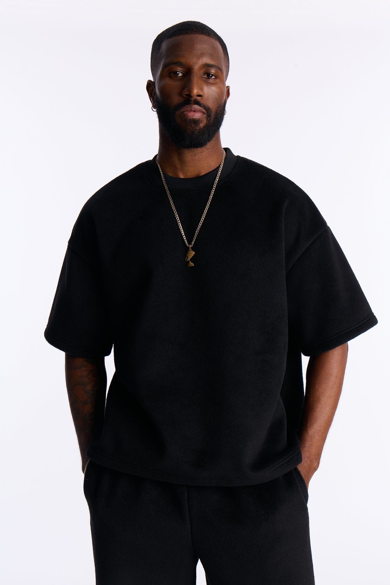 Fuzzy Textured Premium Short Sleeve Sweatshirt - Black image 1