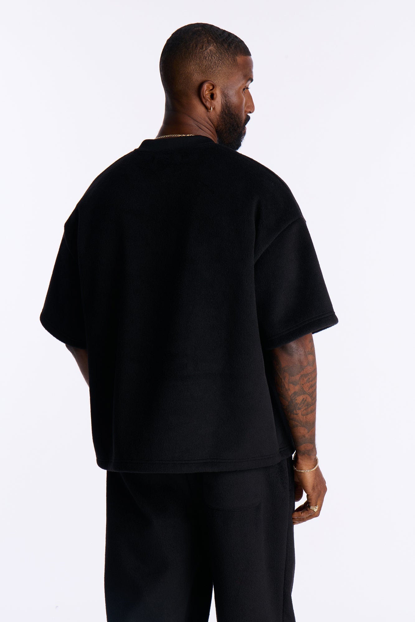 Fuzzy Textured Premium Short Sleeve Sweatshirt - Black image 4