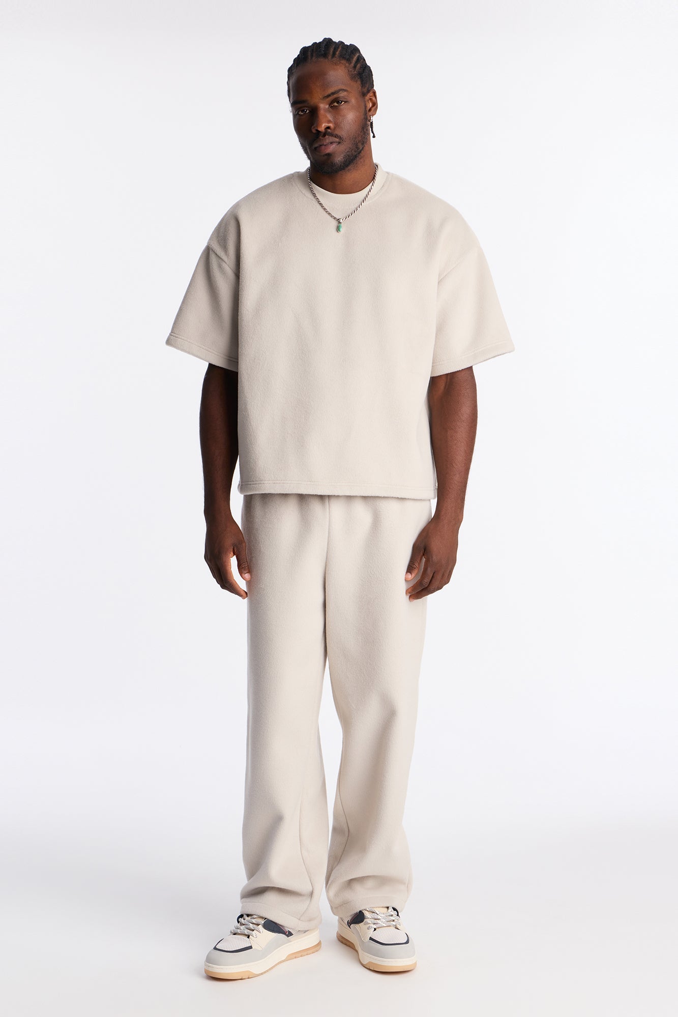 Fuzzy Textured Premium Short Sleeve Sweatshirt - Stone image 2