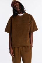 Fuzzy Textured Premium Short Sleeve Sweatshirt - Brown image 1