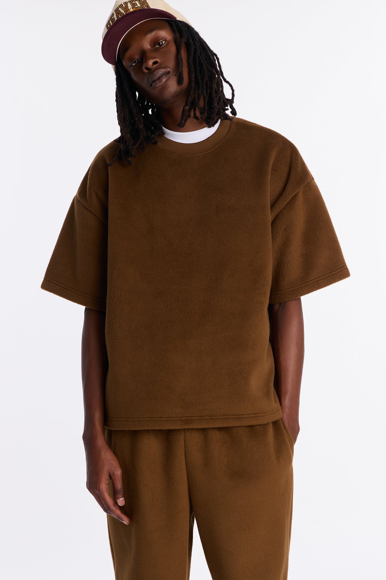 Fuzzy Textured Premium Short Sleeve Sweatshirt - Brown image 1