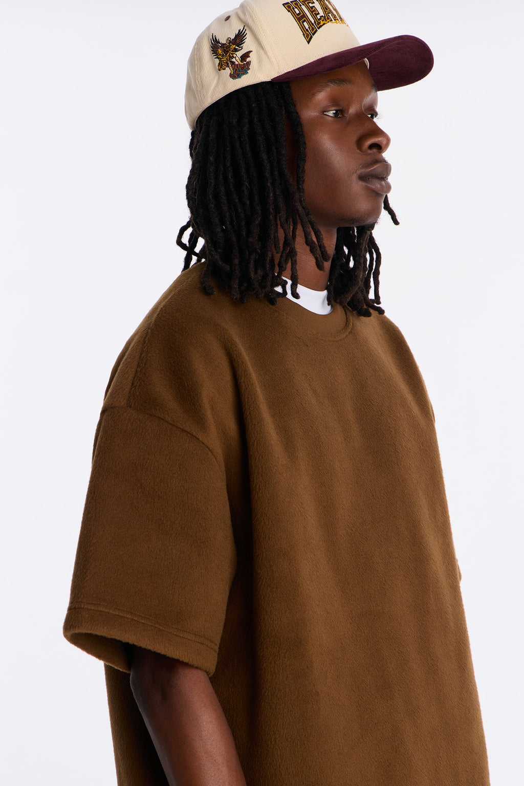 Fuzzy Textured Premium Short Sleeve Sweatshirt - Brown image 3