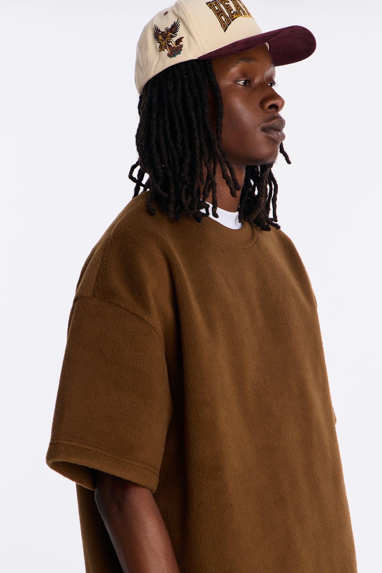 Fuzzy Textured Premium Short Sleeve Sweatshirt - Brown image 3