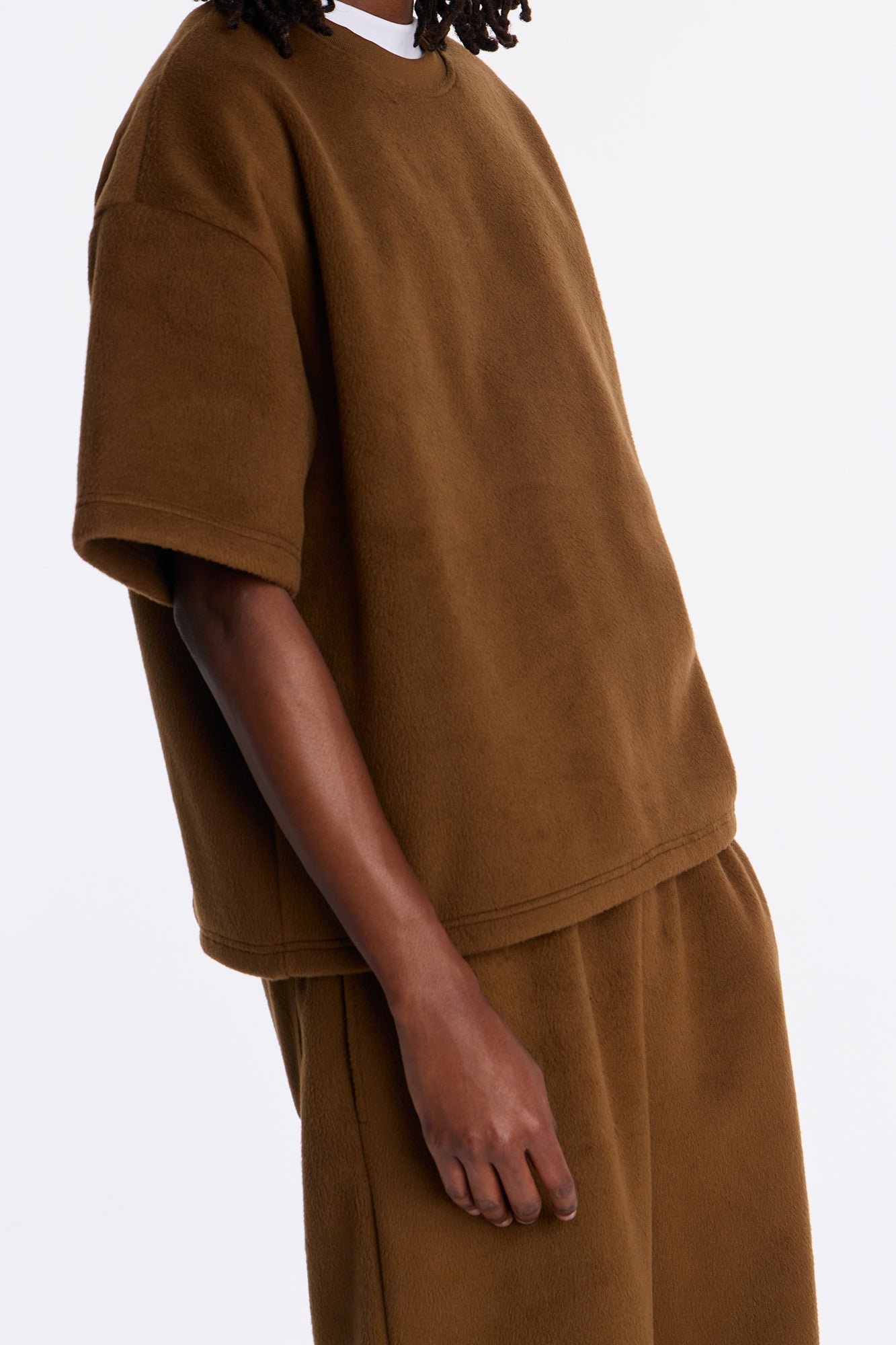 Fuzzy Textured Premium Short Sleeve Sweatshirt - Brown image 4