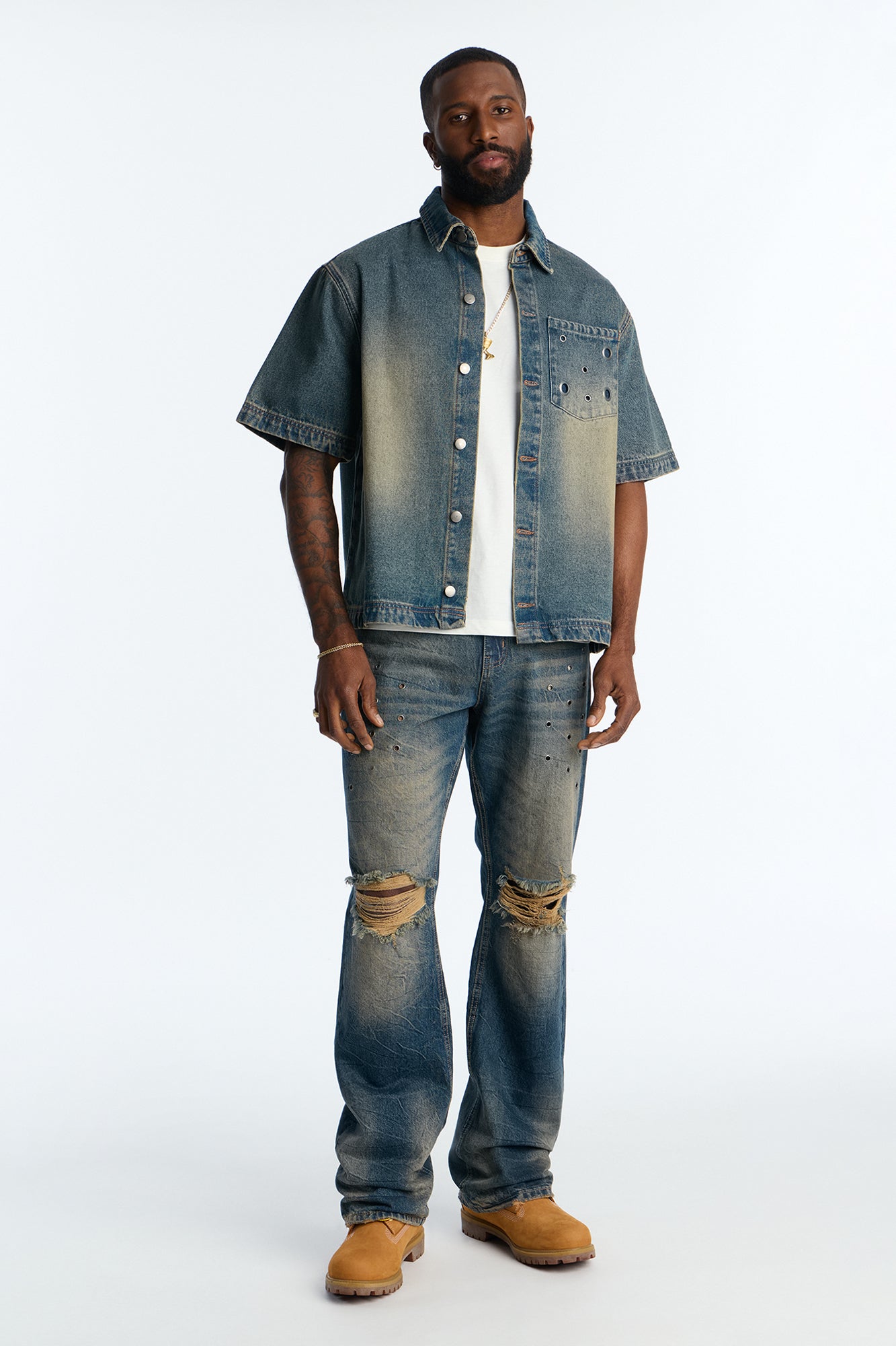 Stacked Slim Flare Looking Out Distressed Grommet Jean - Dark Wash image 2
