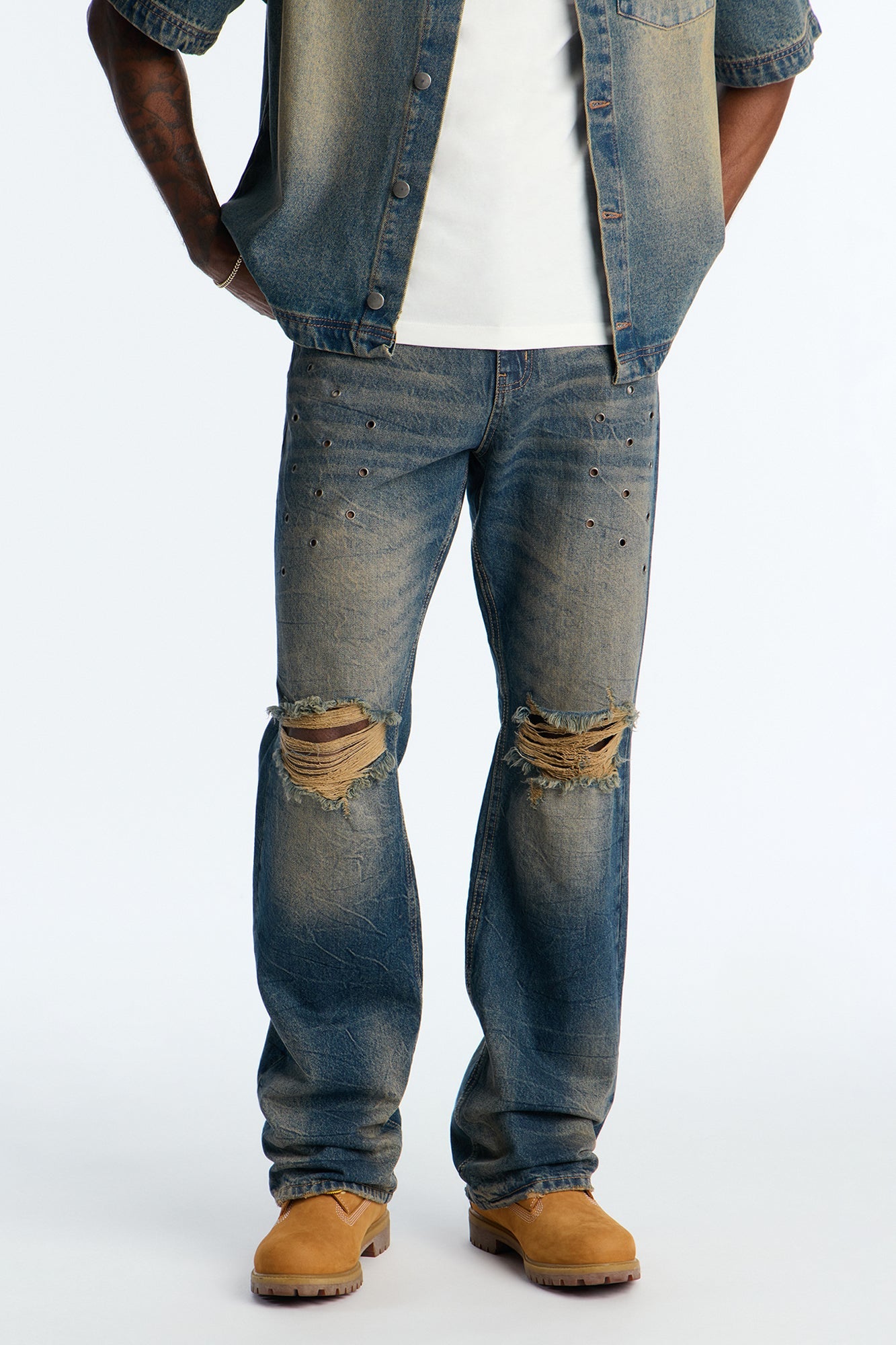 Stacked Slim Flare Looking Out Distressed Grommet Jean - Dark Wash image 1