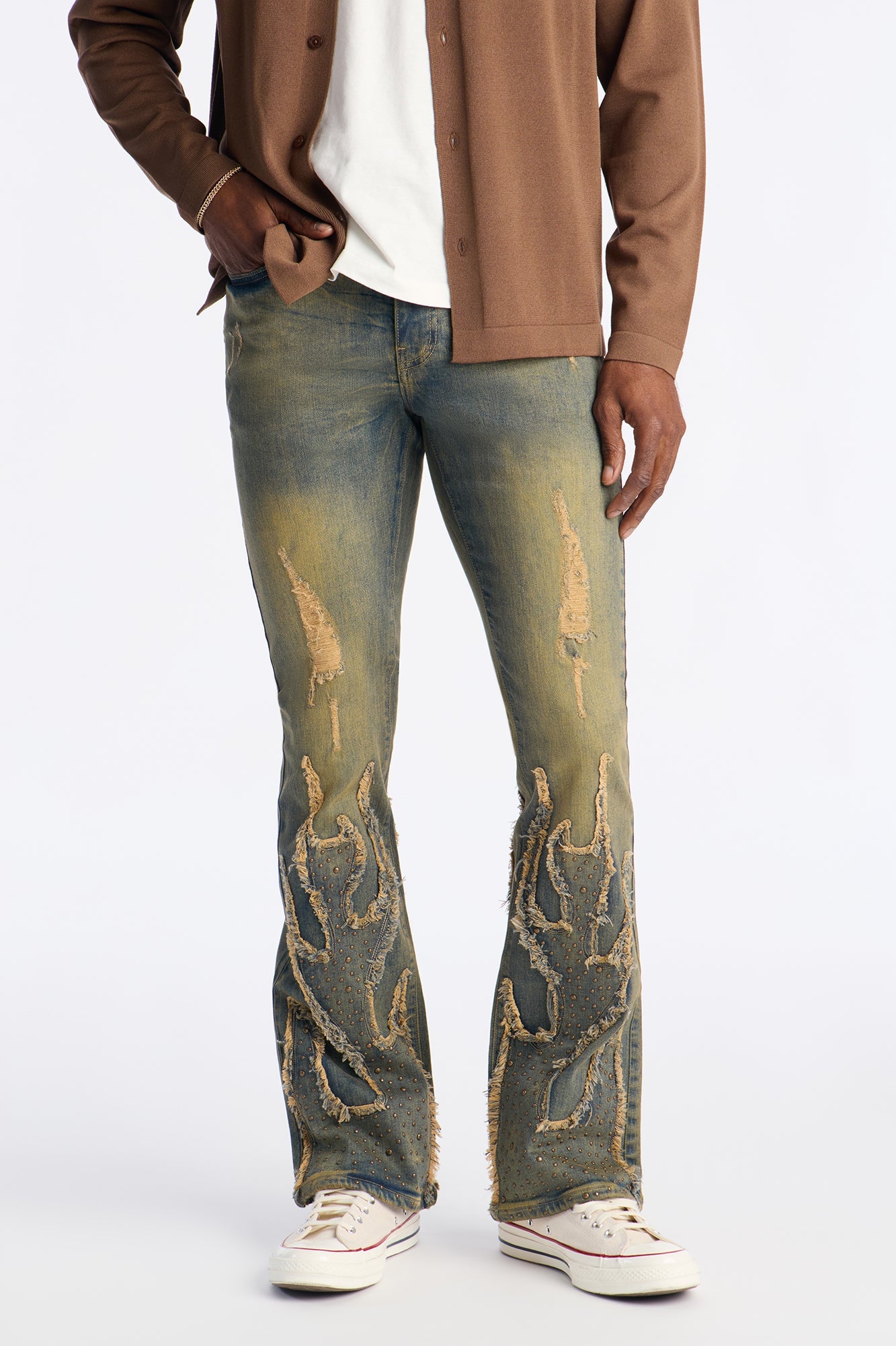 Stacked Skinny Flare Jeweled In Flames Jeans - Vintage Wash image 2